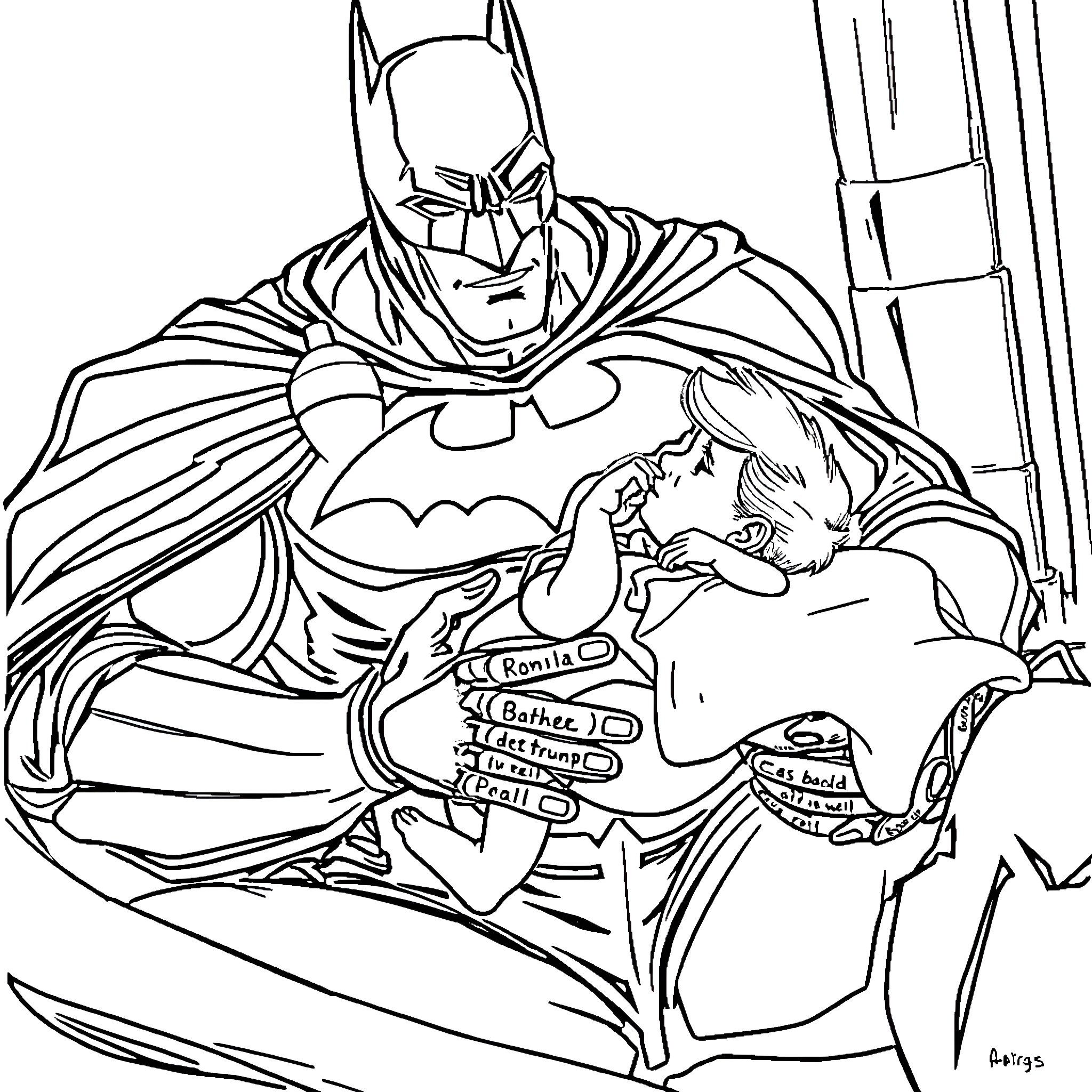 Donald Trump as Batman Saving Superhero Fan Coloring Page (free black-and-white line drawing printable PDF for all, from beginners to advanced learners, including children, teens, adults, and seniors)