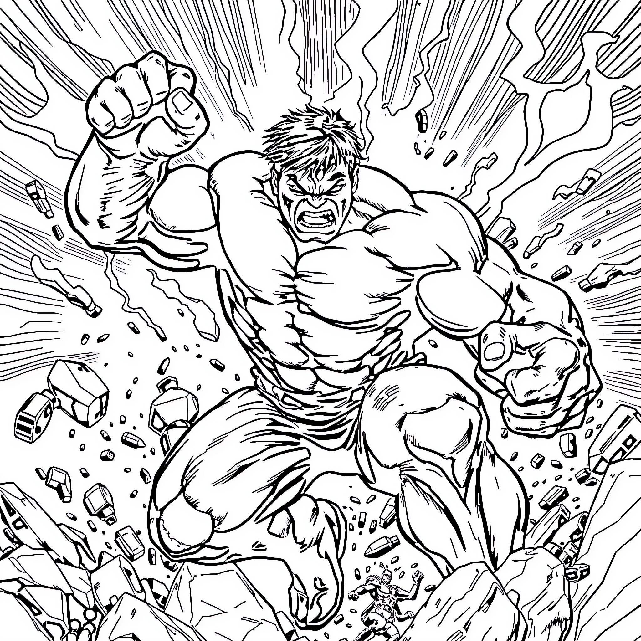 Hulk Unleashing Powerful Rage and Destruction Coloring Page (free black-and-white line drawing printable PDF for all, from beginners to advanced learners, including children, teens, adults, and seniors)