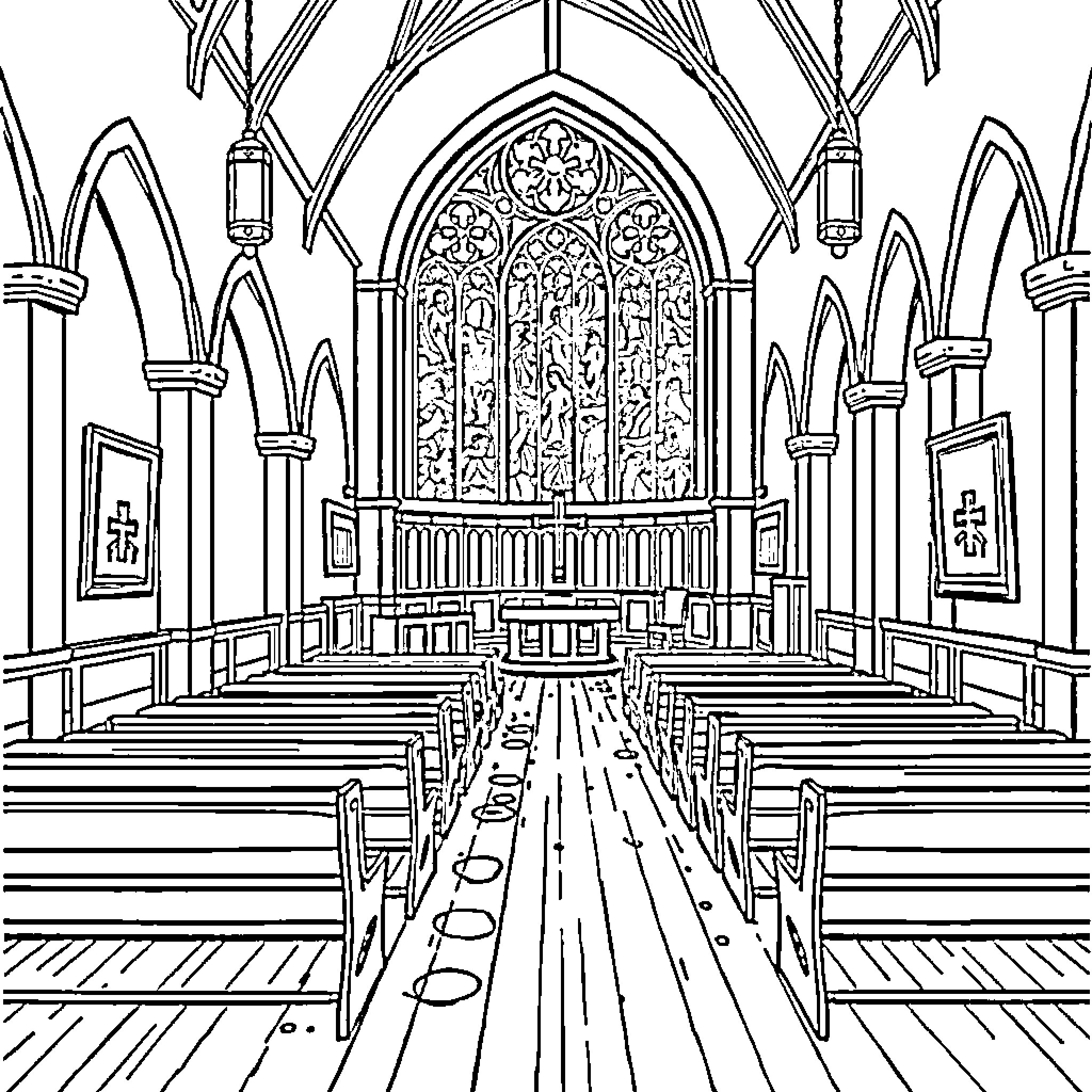 Choir Performing in Ornate Cathedral Coloring Page (free black-and-white line drawing printable PDF for all, from beginners to advanced learners, including children, teens, adults, and seniors)