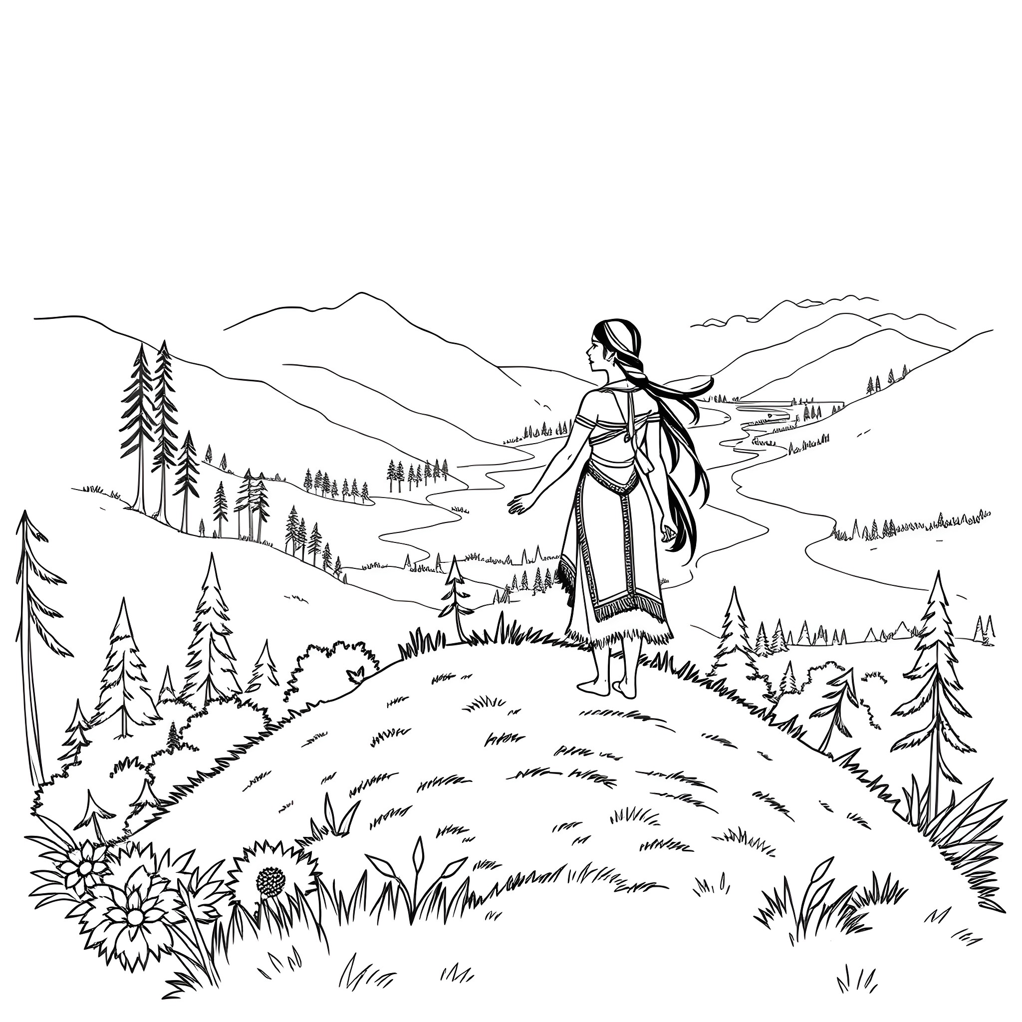 Pocahontas exploring the wilderness in native attire Coloring Page (free black-and-white line drawing printable PDF for all, from beginners to advanced learners, including children, teens, adults, and seniors)