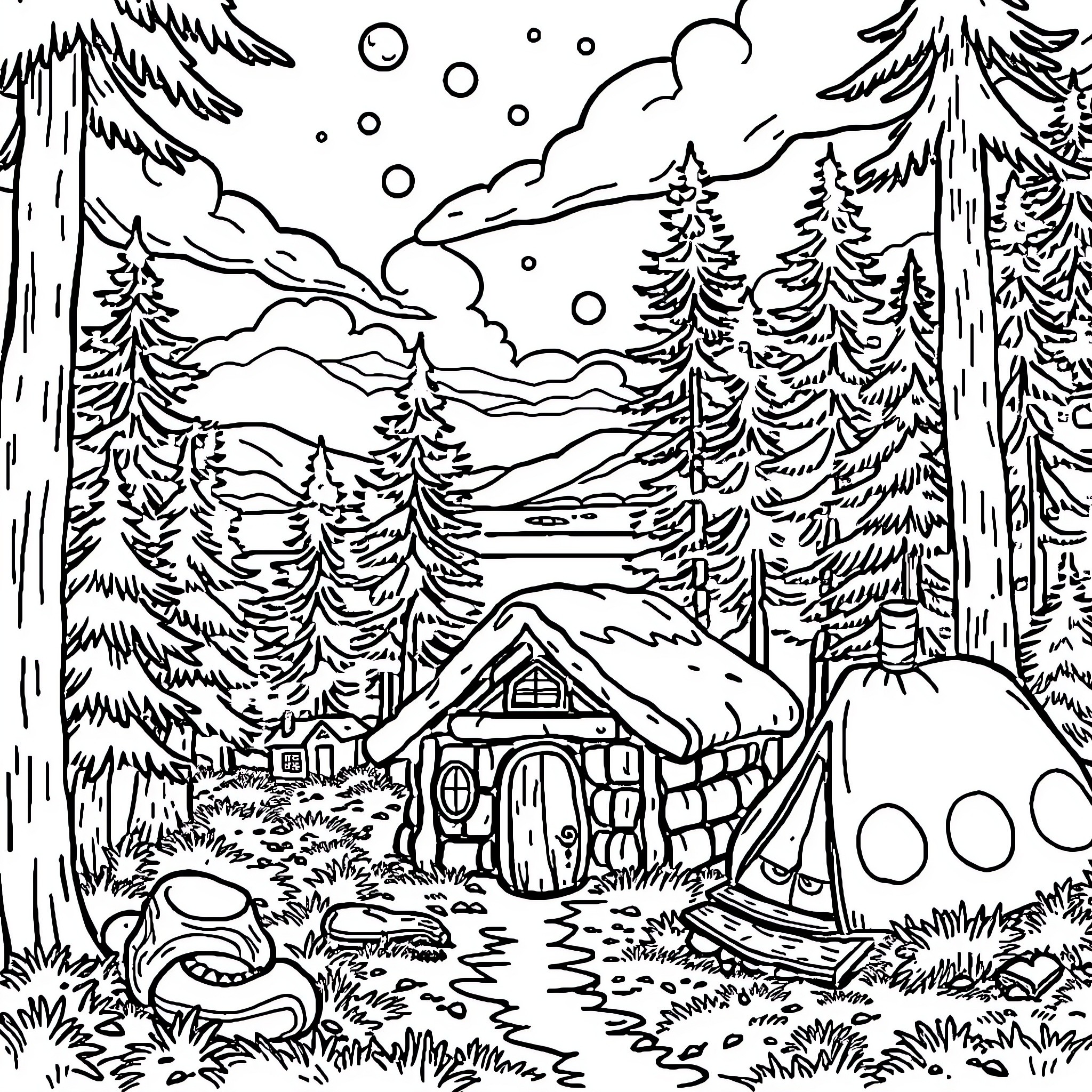Camp in the Snowy Woodland Coloring Page (free black-and-white line drawing printable PDF for all, from beginners to advanced learners, including children, teens, adults, and seniors)