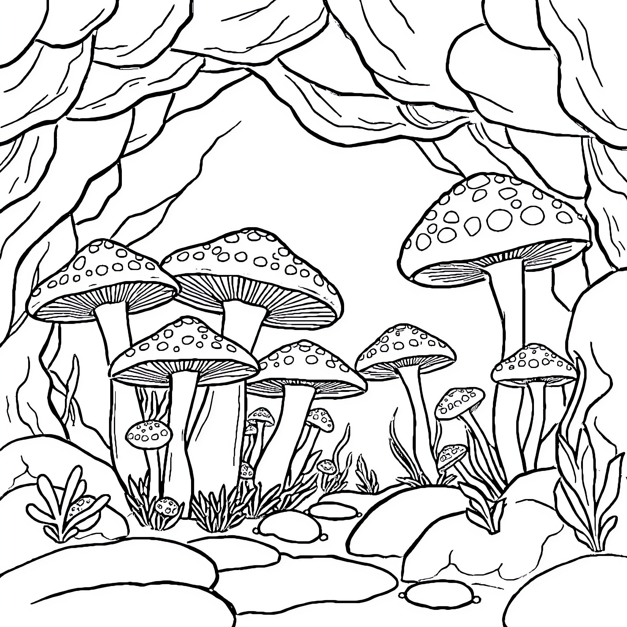 Mushroom Forest with Whimsical Fungal Scene Coloring Page (free black-and-white line drawing printable PDF for all, from beginners to advanced learners, including children, teens, adults, and seniors)