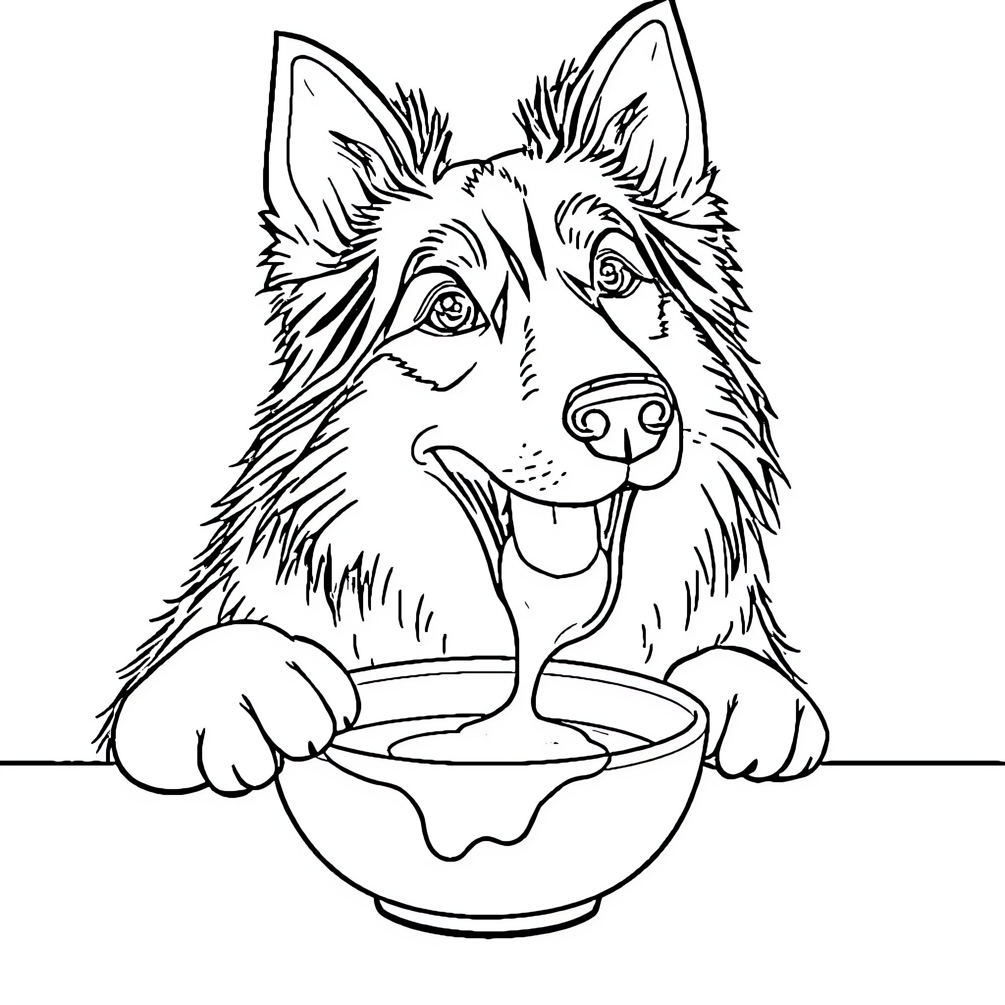 Collie enjoying a tasty meal Coloring Page (free black-and-white line drawing printable PDF for all, from beginners to advanced learners, including children, teens, adults, and seniors)