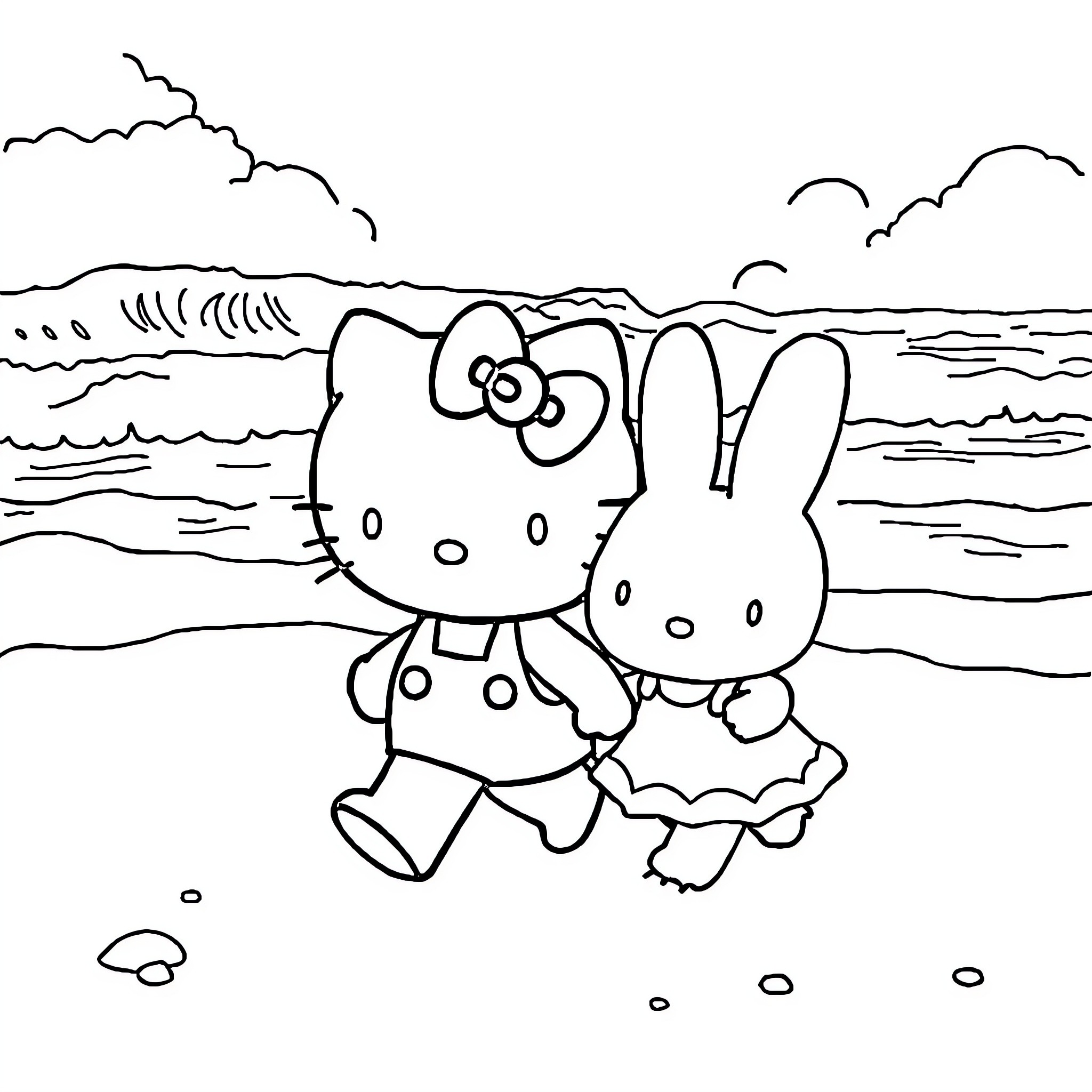 Hello Kitty and Bunny Explore the Beach Coloring Page (free black-and-white line drawing printable PDF for all, from beginners to advanced learners, including children, teens, adults, and seniors)