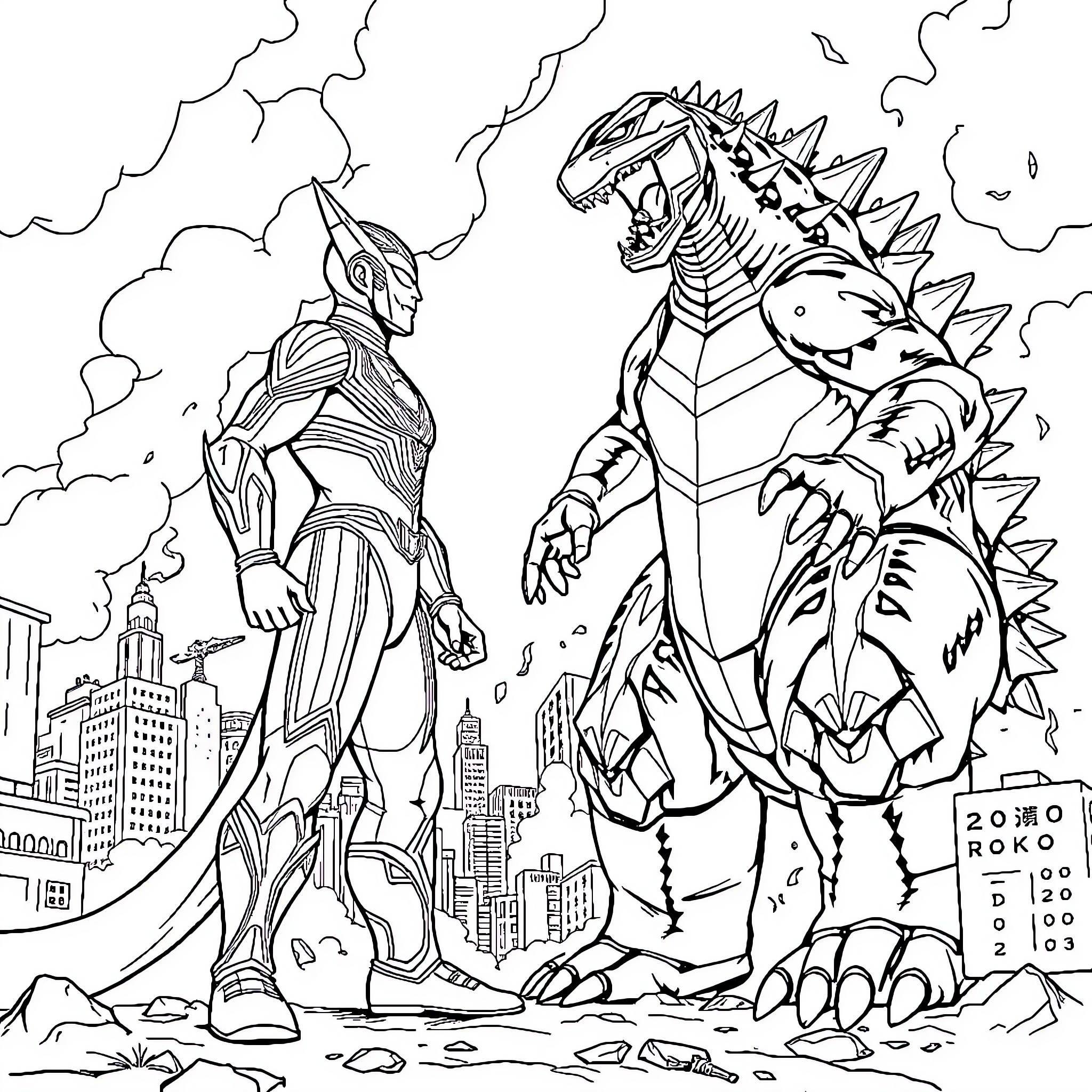 Ultraman battles a monstrous foe in the city Coloring Page (free black-and-white line drawing printable PDF for all, from beginners to advanced learners, including children, teens, adults, and seniors)