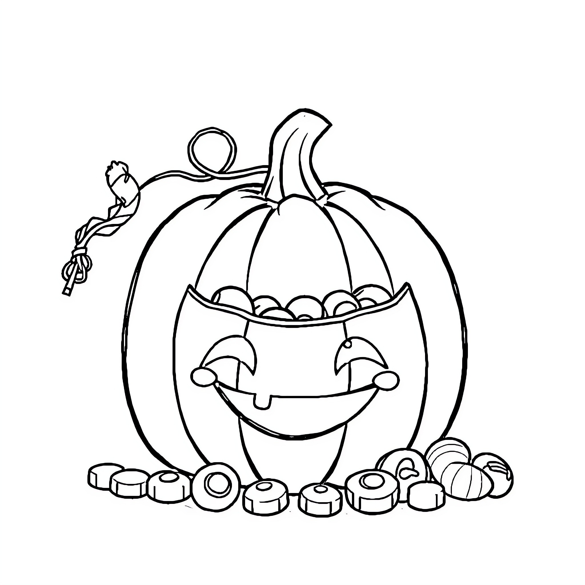 Pumpkin filled with Halloween treats Coloring Page (free black-and-white line drawing printable PDF for all, from beginners to advanced learners, including children, teens, adults, and seniors)