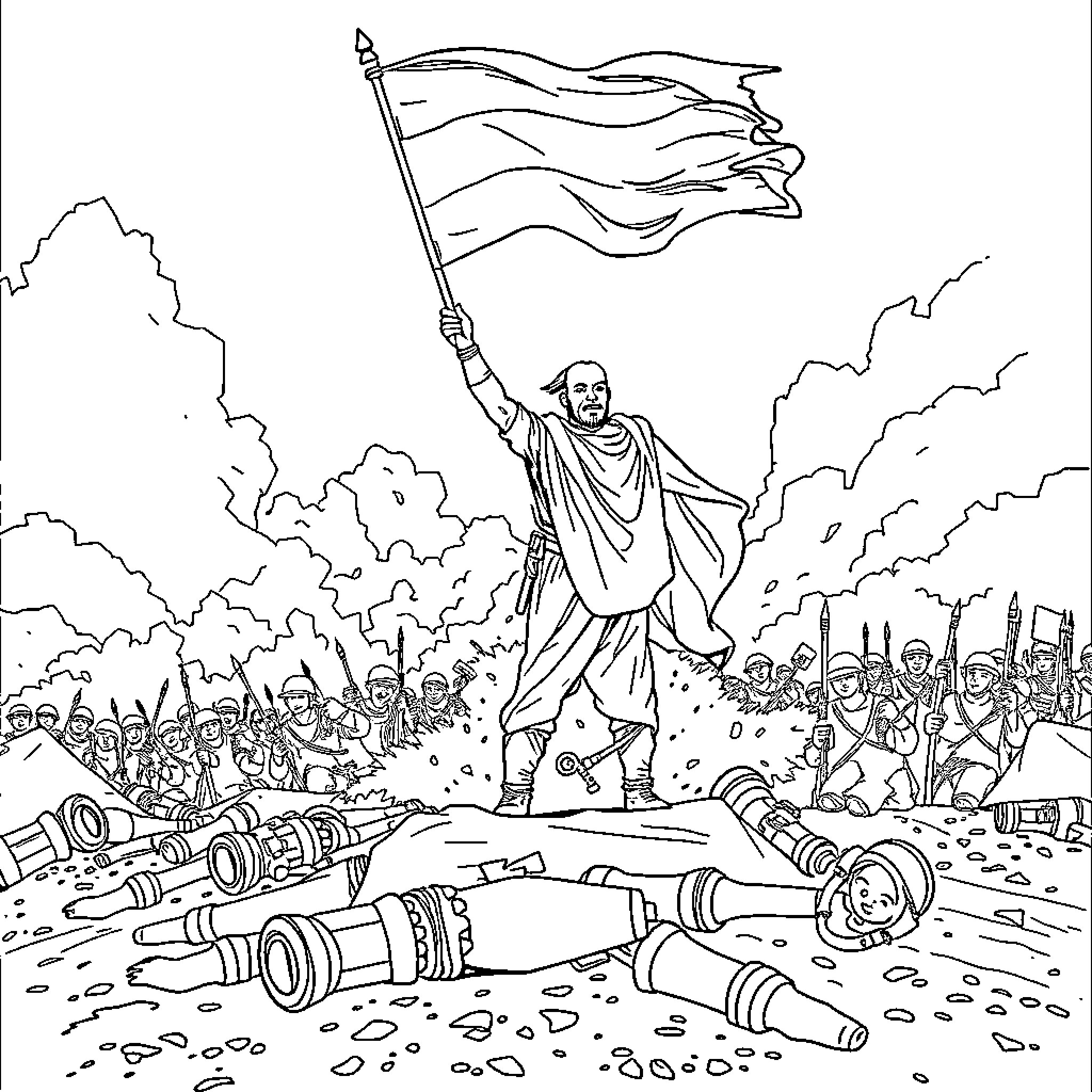Hero leading the charge with a victorious flag Coloring Page (free black-and-white line drawing printable PDF for all, from beginners to advanced learners, including children, teens, adults, and seniors)