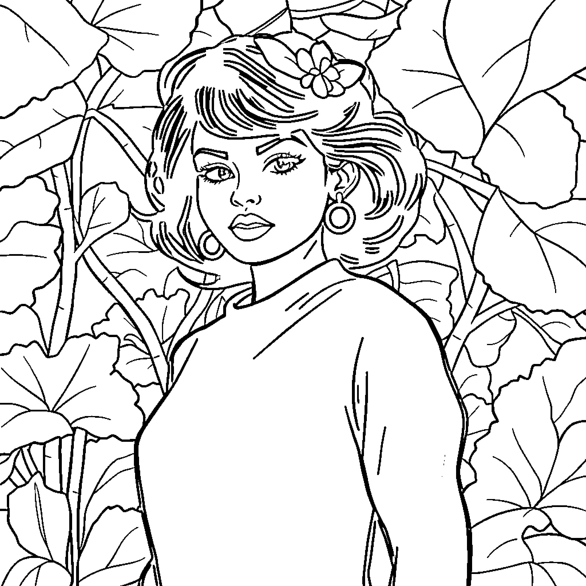 Woman in a Floral Setting Coloring Page (free black-and-white line drawing printable PDF for all, from beginners to advanced learners, including children, teens, adults, and seniors)
