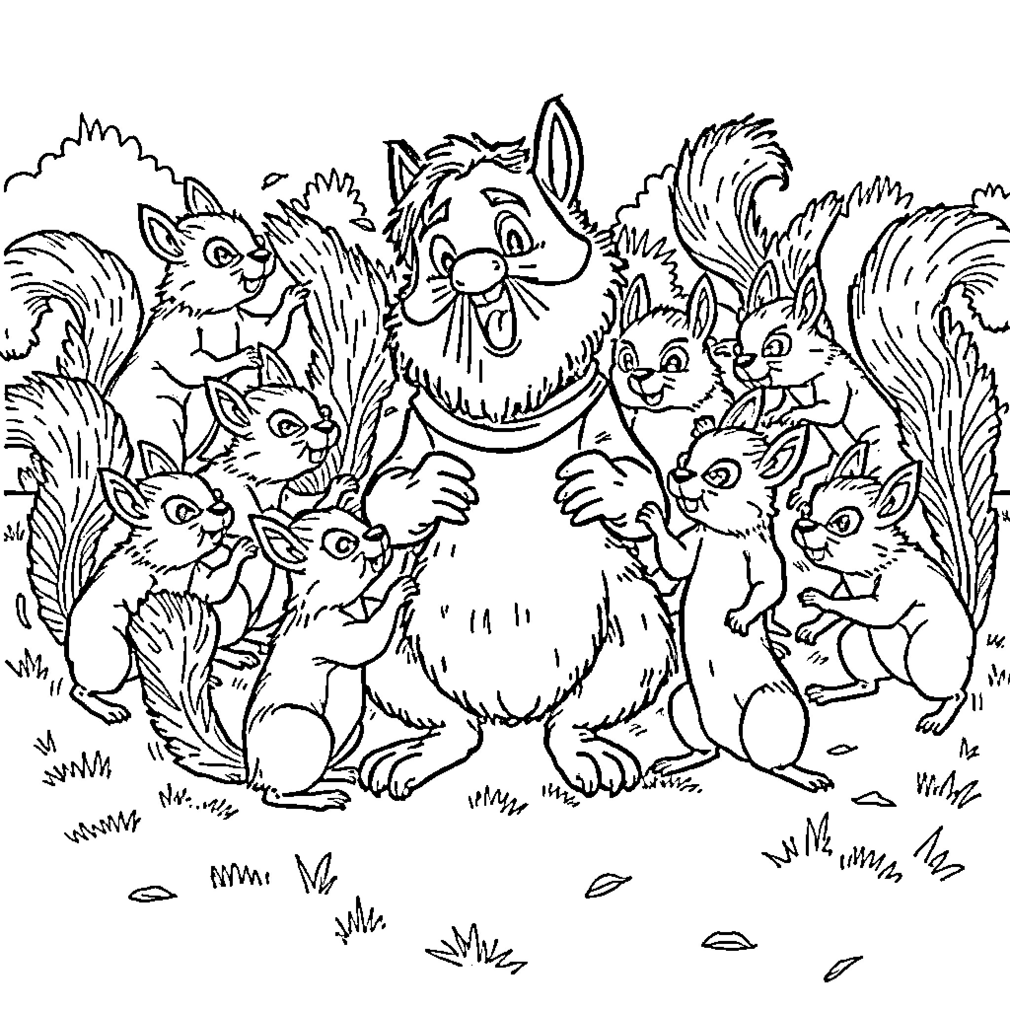 Abraham Licon's Playful Woodland Critters Coloring Page (free black-and-white line drawing printable PDF for all, from beginners to advanced learners, including children, teens, adults, and seniors)
