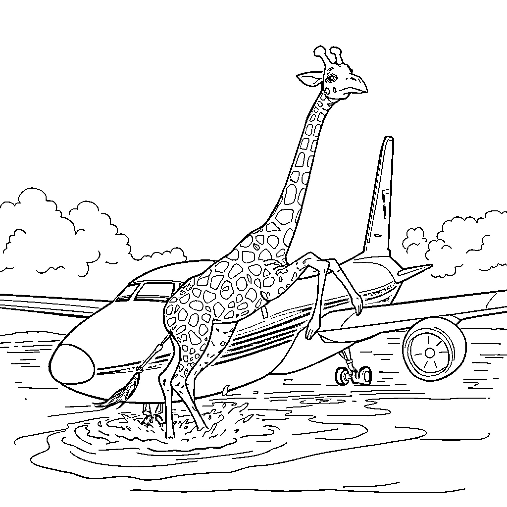 Giraffe boarding a private jet Coloring Page (free black-and-white line drawing printable PDF for all, from beginners to advanced learners, including children, teens, adults, and seniors)