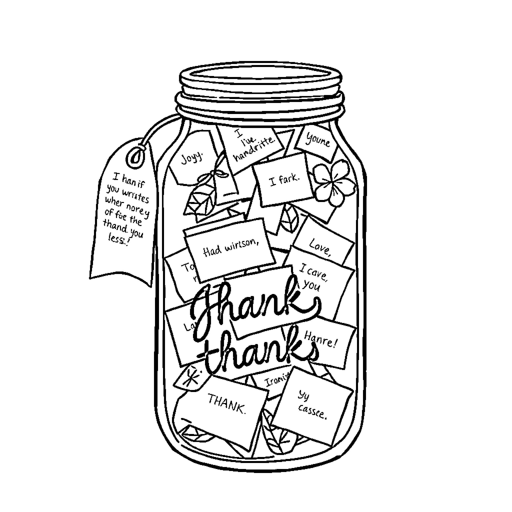 Jar of Handwritten Thank You Notes Coloring Page (free black-and-white line drawing printable PDF for all, from beginners to advanced learners, including children, teens, adults, and seniors)