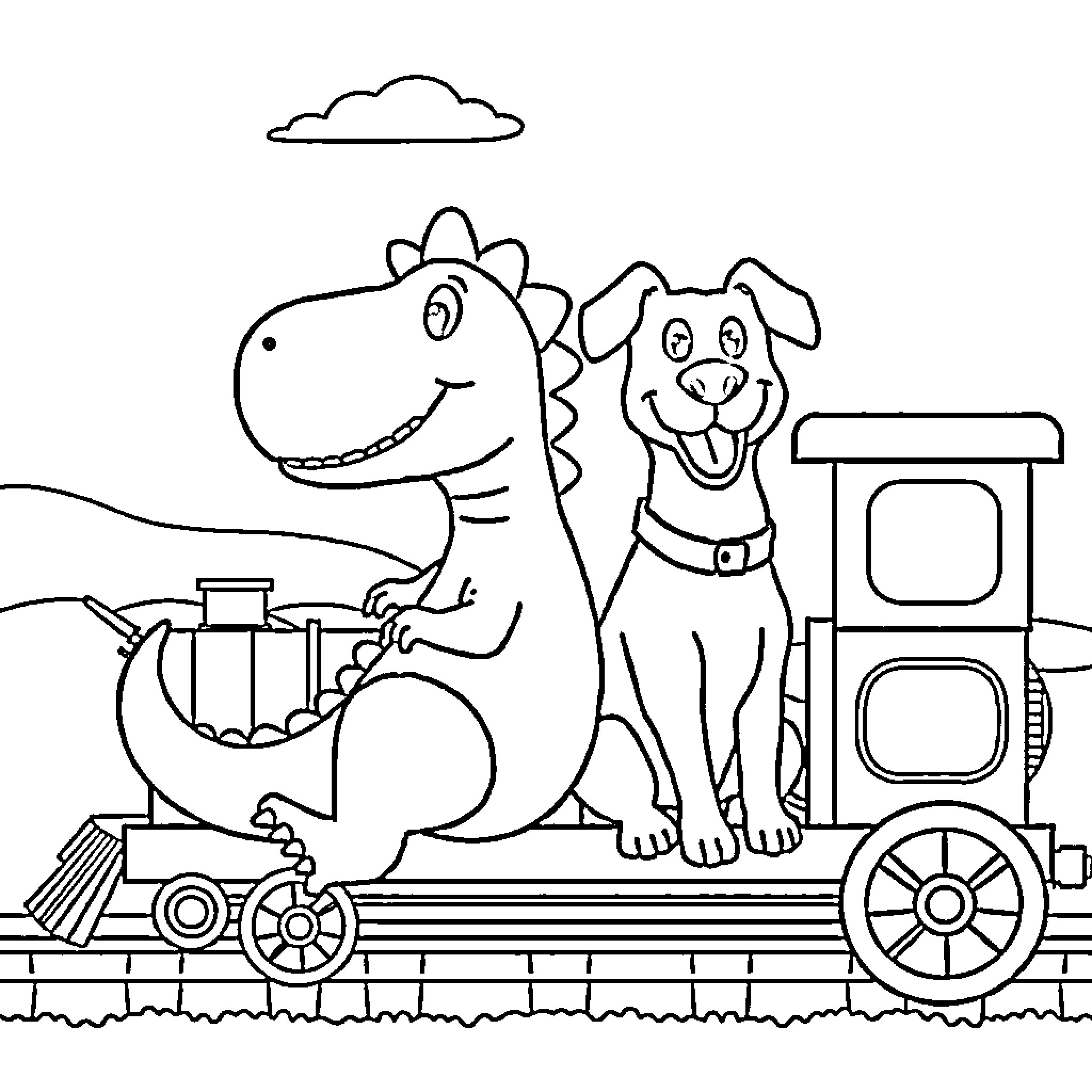 Dinosaur and dog riding on a train Coloring Page (free black-and-white line drawing printable PDF for all, from beginners to advanced learners, including children, teens, adults, and seniors)