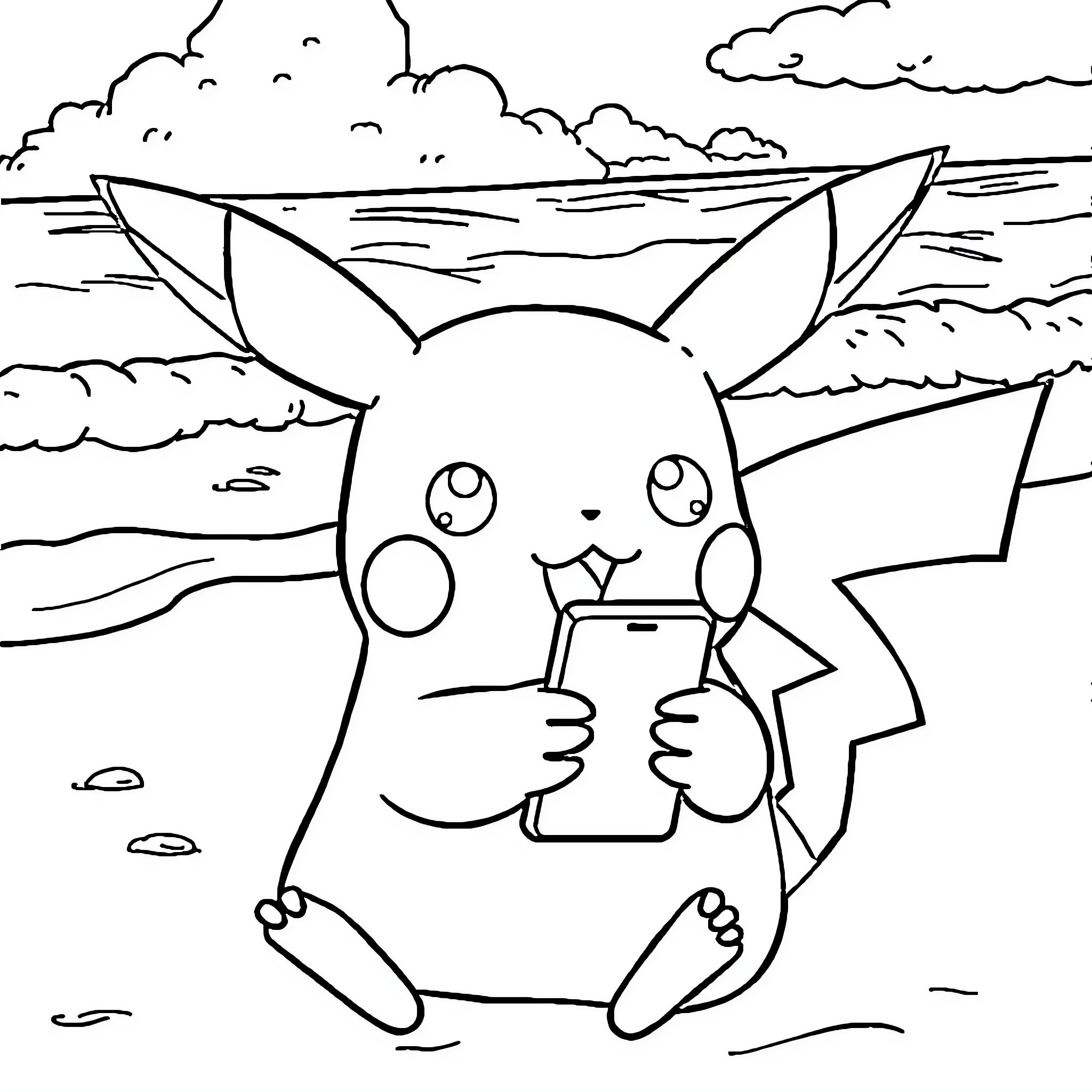 Pikachu taking a selfie in nature Coloring Page (free black-and-white line drawing printable PDF for all, from beginners to advanced learners, including children, teens, adults, and seniors)