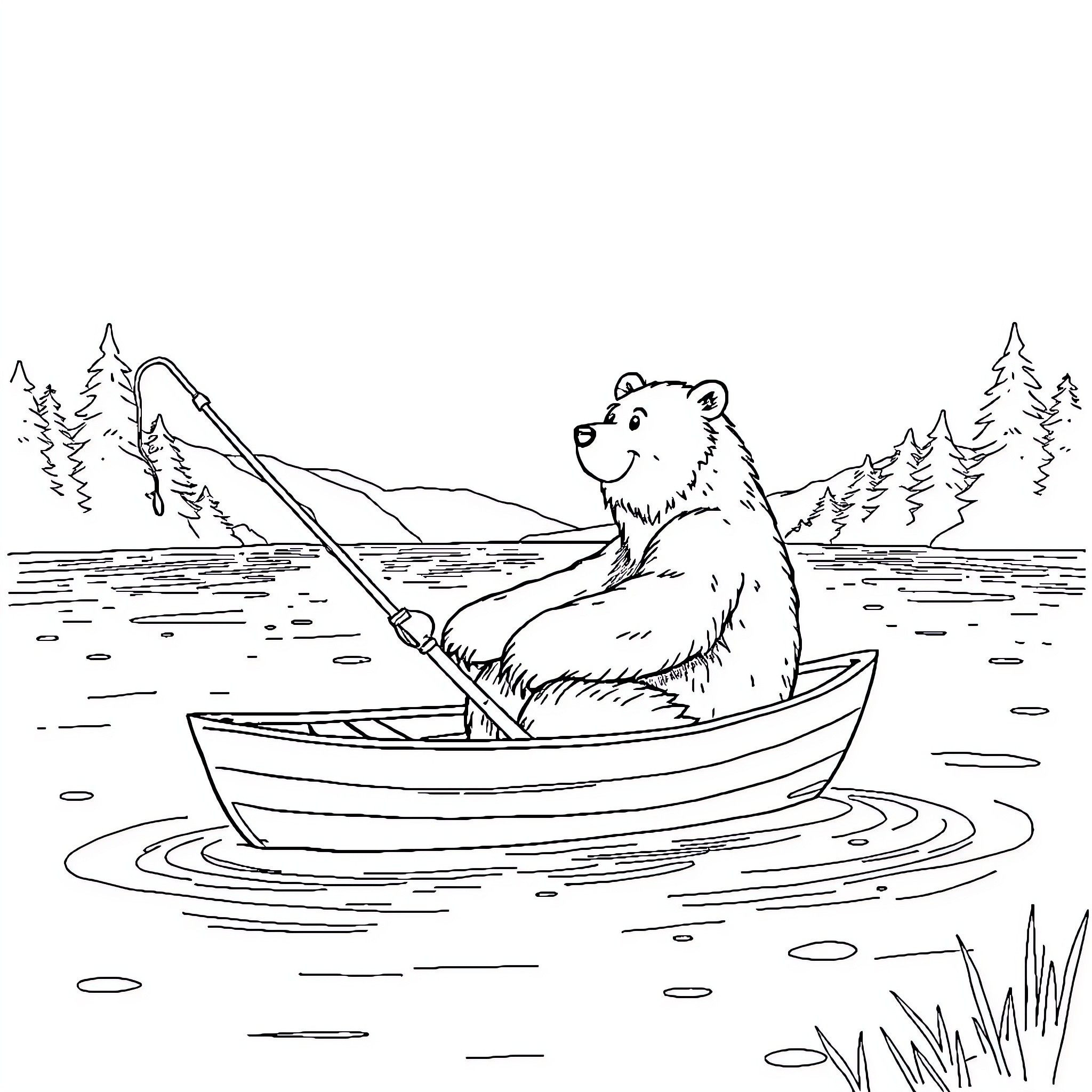 Spirit Bear Fishing in Serene Lake Surrounded by Wilderness Coloring Page (free black-and-white line drawing printable PDF for all, from beginners to advanced learners, including children, teens, adults, and seniors)