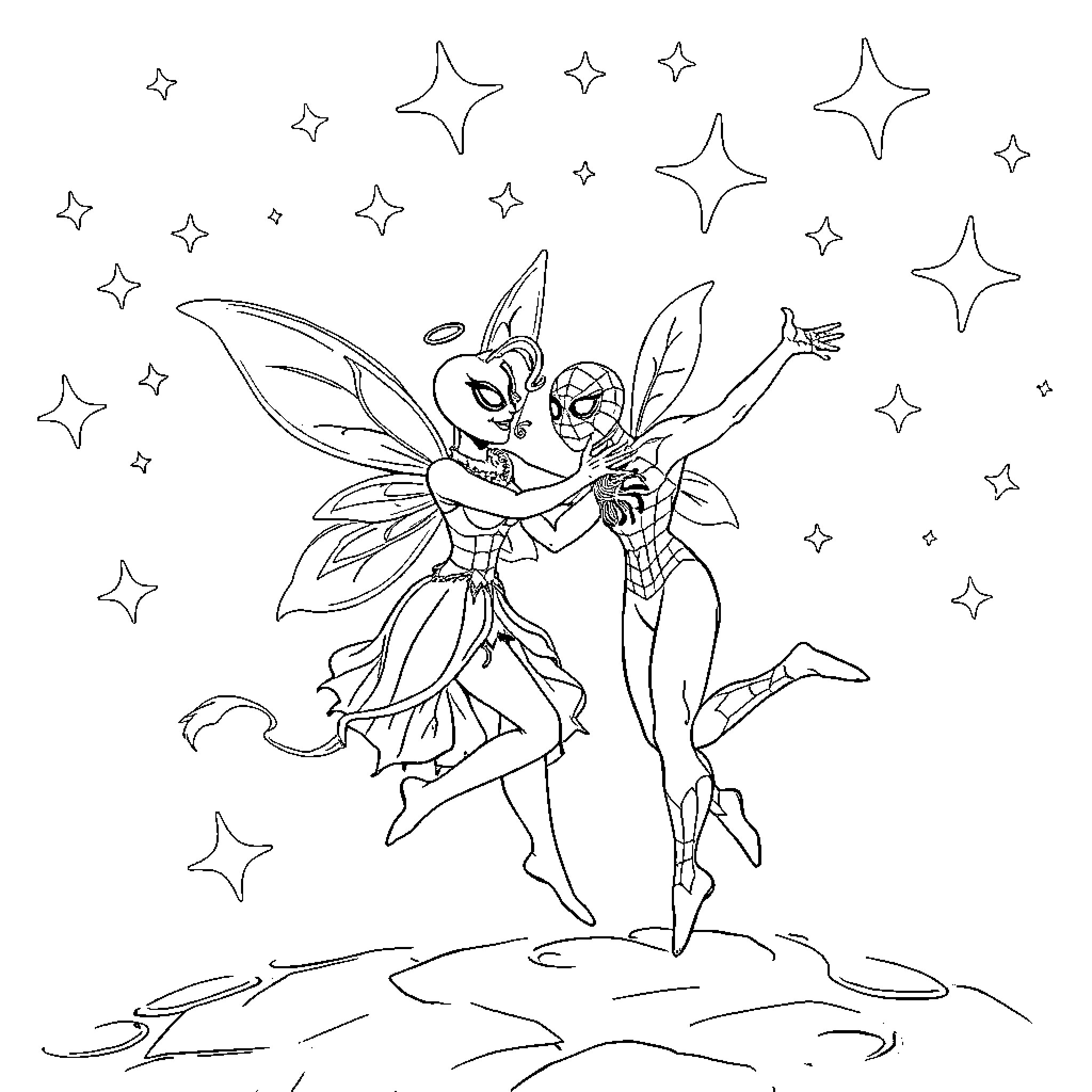 Fairy Dancers Performing on Starry Night Coloring Page (free black-and-white line drawing printable PDF for all, from beginners to advanced learners, including children, teens, adults, and seniors)