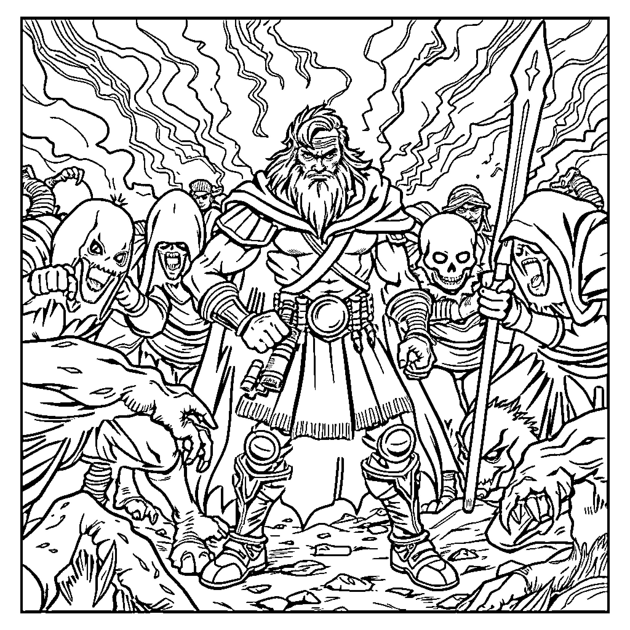 Enemy forces confronting a warrior amidst chaos Coloring Page (free black-and-white line drawing printable PDF for all, from beginners to advanced learners, including children, teens, adults, and seniors)
