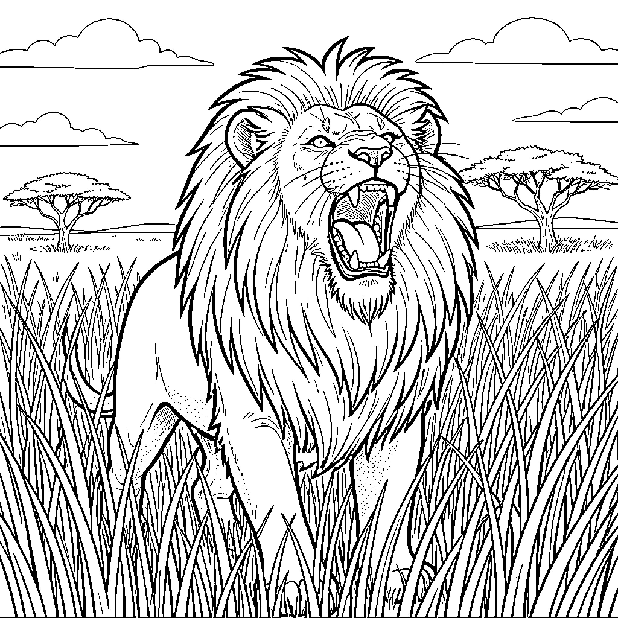 Lion roaring fiercely in the African savanna Coloring Page (free black-and-white line drawing printable PDF for all, from beginners to advanced learners, including children, teens, adults, and seniors)