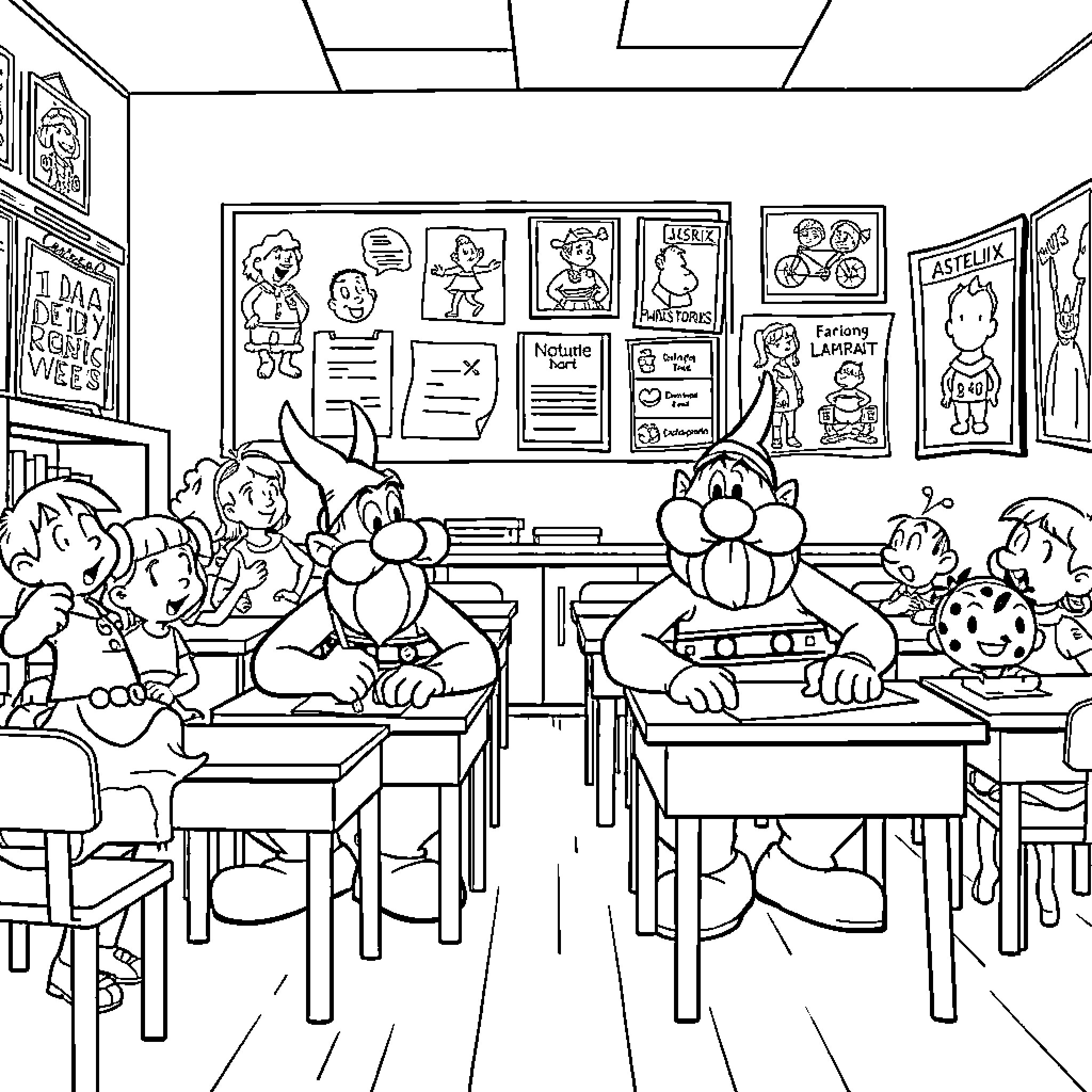 Asterix and friends in a lively classroom setting Coloring Page (free black-and-white line drawing printable PDF for all, from beginners to advanced learners, including children, teens, adults, and seniors)