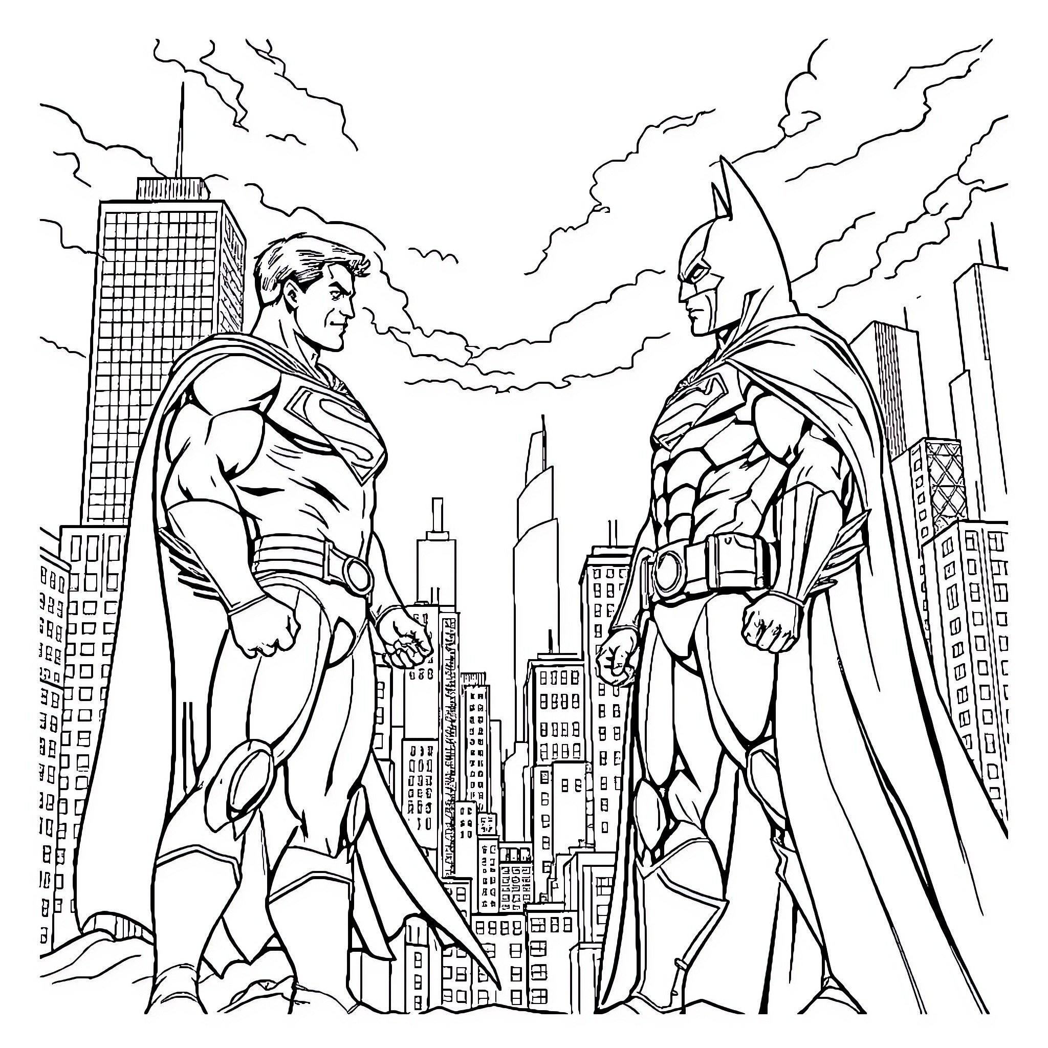 Superman and Batman facing off in the city Coloring Page (free black-and-white line drawing printable PDF for all, from beginners to advanced learners, including children, teens, adults, and seniors)