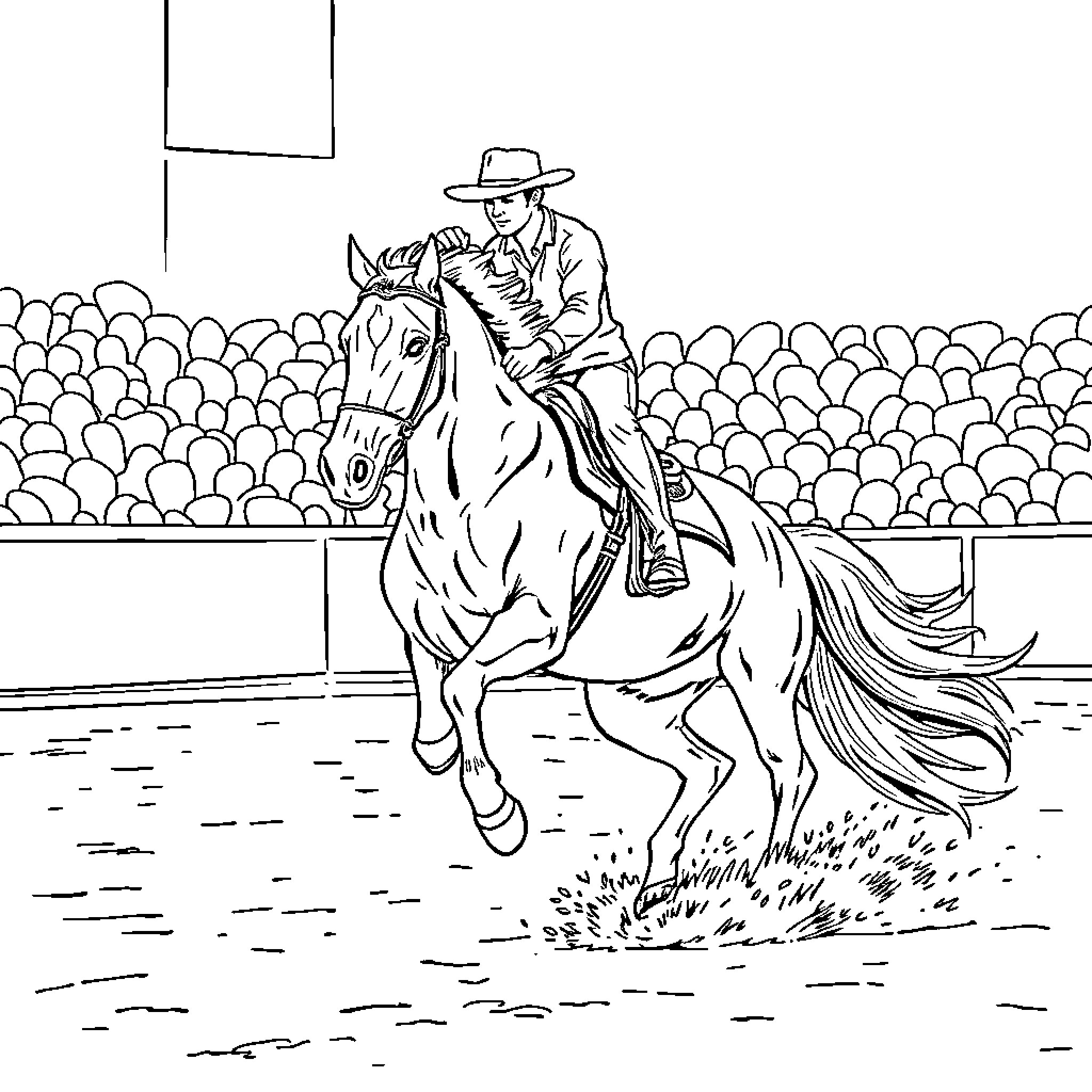 Horse and rider performing in rodeo arena Coloring Page (free black-and-white line drawing printable PDF for all, from beginners to advanced learners, including children, teens, adults, and seniors)