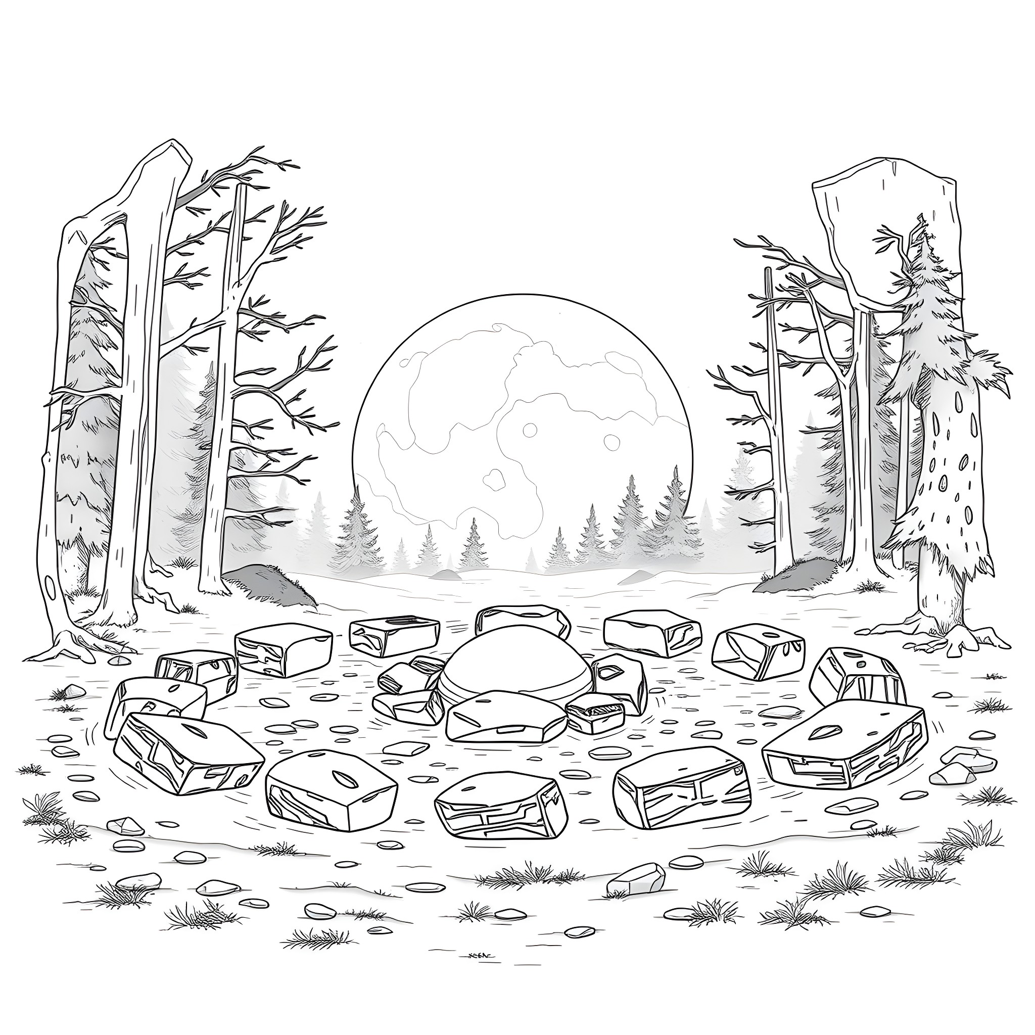 Spirit of the Forest Landscape Coloring Page (free black-and-white line drawing printable PDF for all, from beginners to advanced learners, including children, teens, adults, and seniors)