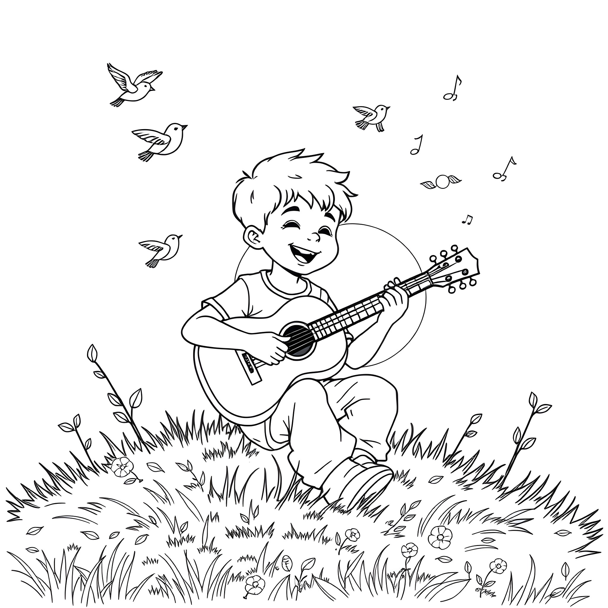 Boy playing guitar happily in the nature Coloring Page (free black-and-white line drawing printable PDF for all, from beginners to advanced learners, including children, teens, adults, and seniors)