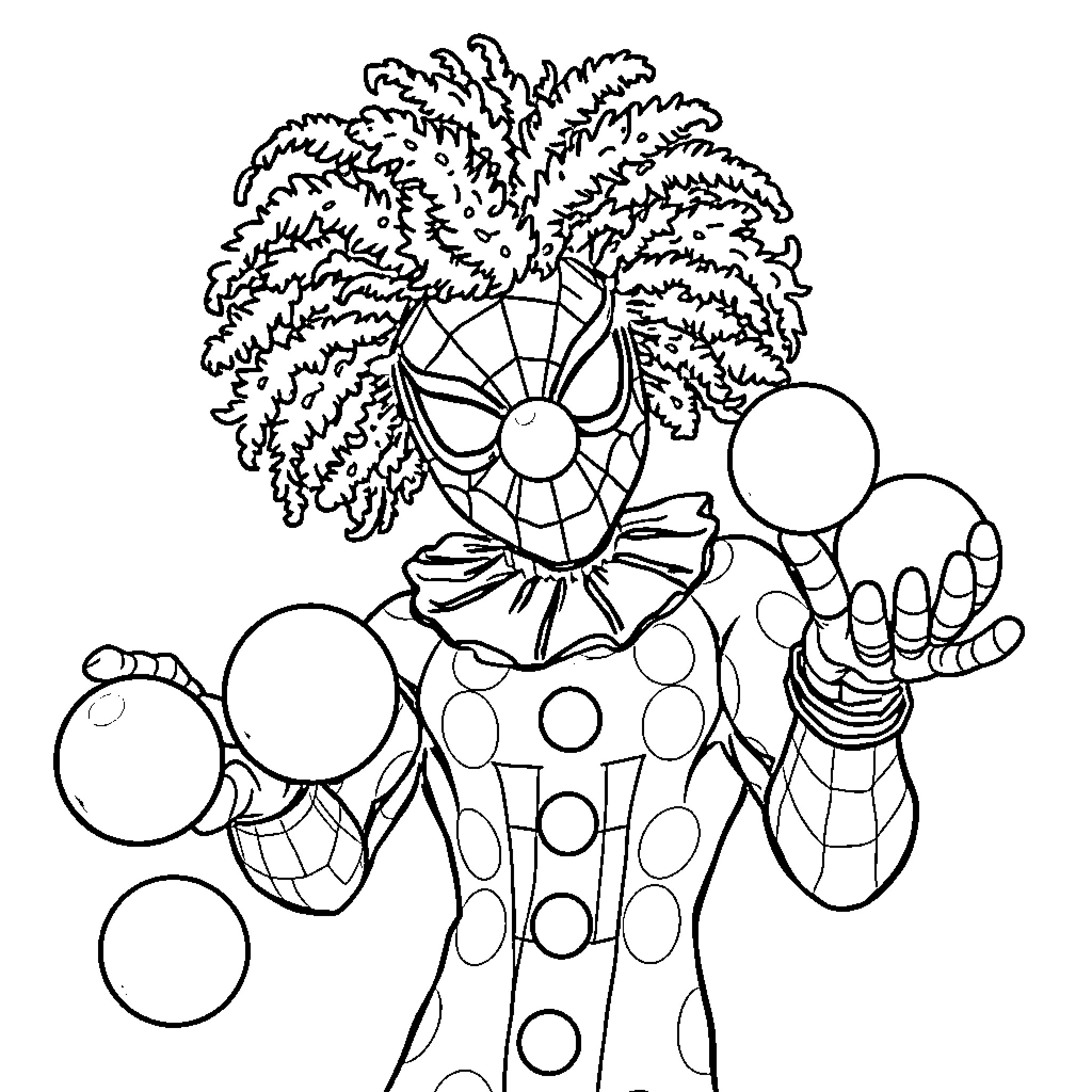 Spiderman Clown Juggling Colorful Balls Coloring Page (free black-and-white line drawing printable PDF for all, from beginners to advanced learners, including children, teens, adults, and seniors)