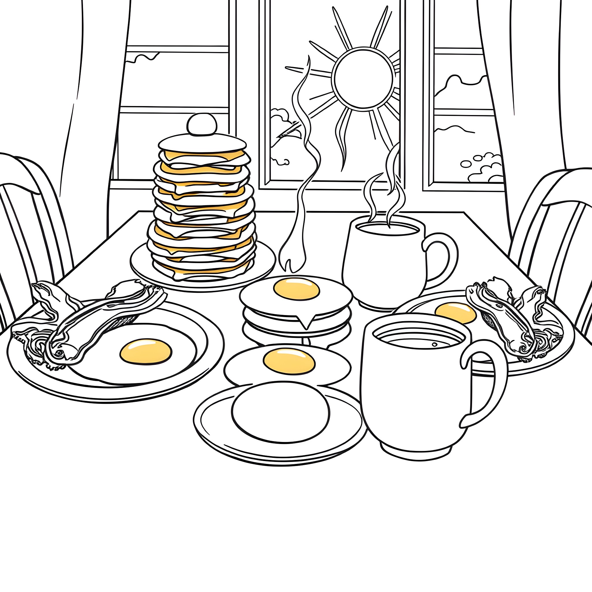 Breakfast in the Morning Sunshine Coloring Page (free black-and-white line drawing printable PDF for all, from beginners to advanced learners, including children, teens, adults, and seniors)