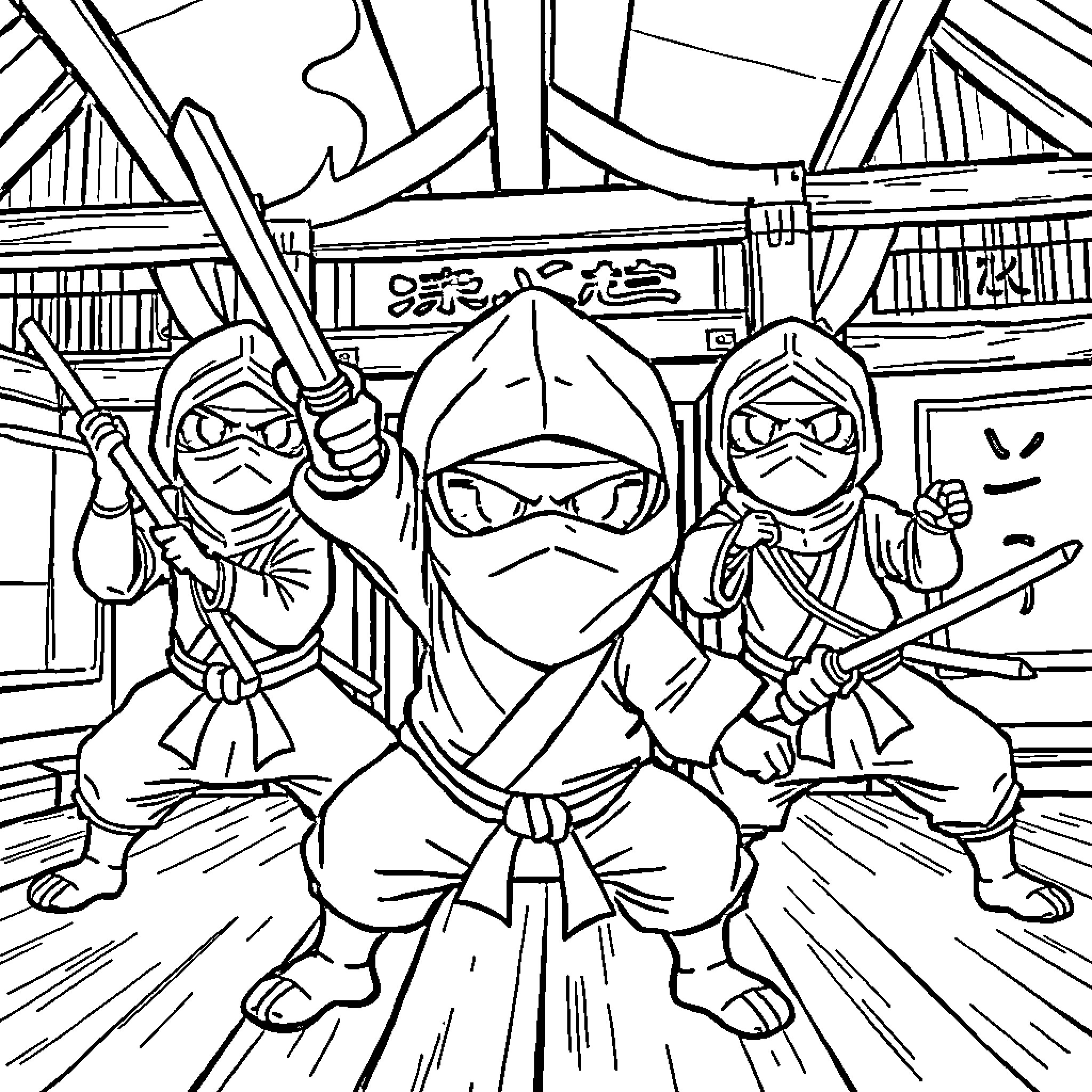 Bodly Ninjas Gather in Dojo Coloring Page (free black-and-white line drawing printable PDF for all, from beginners to advanced learners, including children, teens, adults, and seniors)