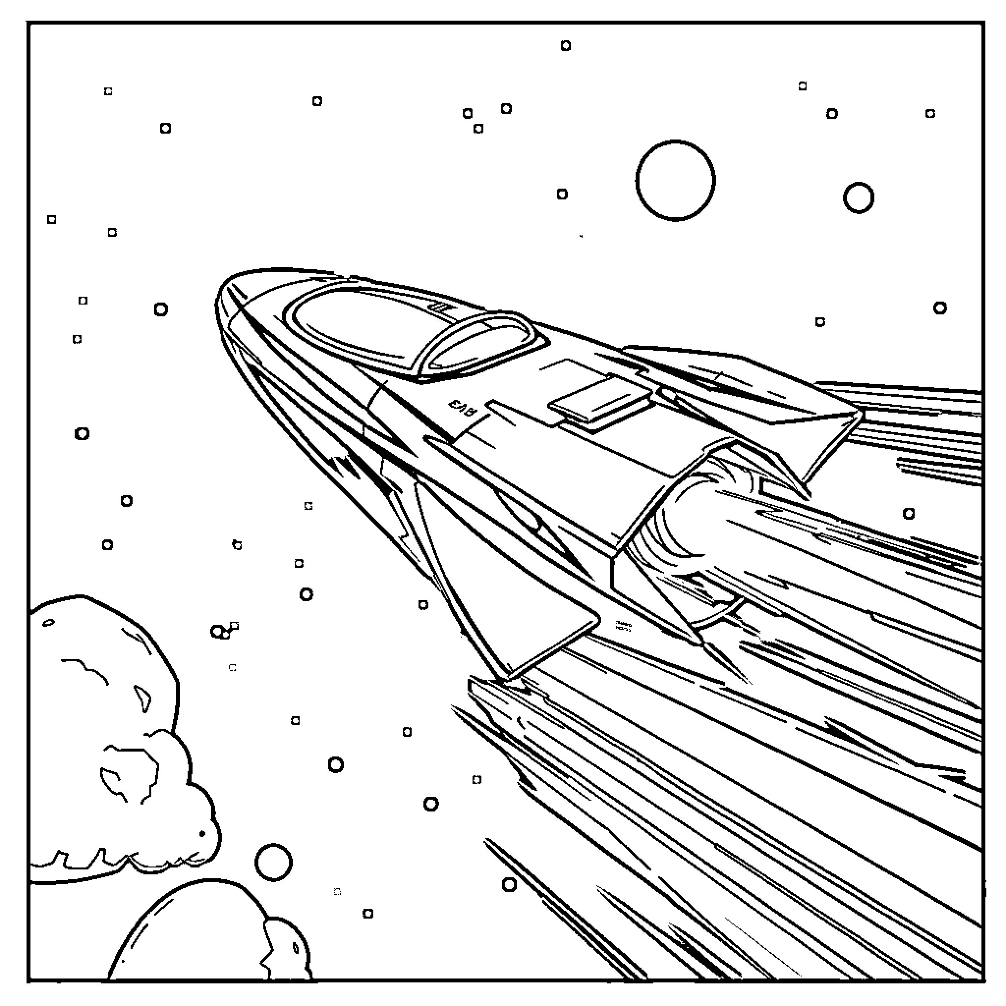 Space Ship Soaring Through the Cosmos Coloring Page (free black-and-white line drawing printable PDF for all, from beginners to advanced learners, including children, teens, adults, and seniors)