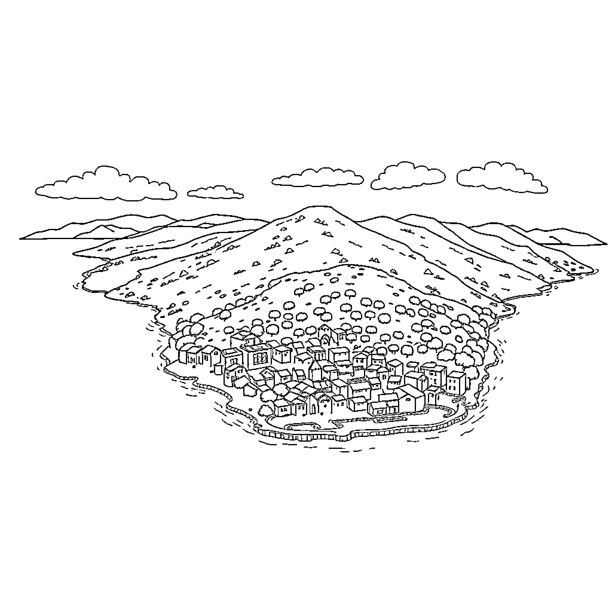 Corfu town surrounded by mountains and clouds Coloring Page (free black-and-white line drawing printable PDF for all, from beginners to advanced learners, including children, teens, adults, and seniors)