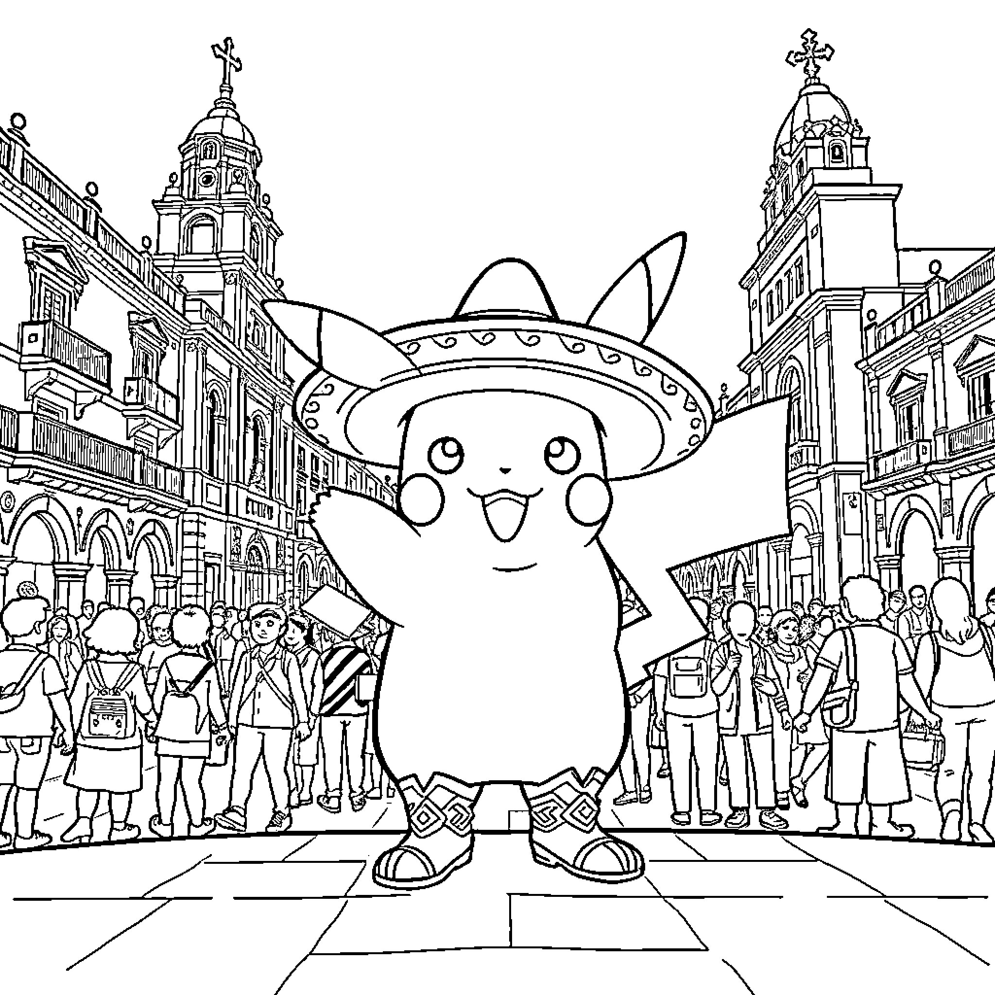 Pikachu enjoying a festive parade in a town square Coloring Page (free black-and-white line drawing printable PDF for all, from beginners to advanced learners, including children, teens, adults, and seniors)