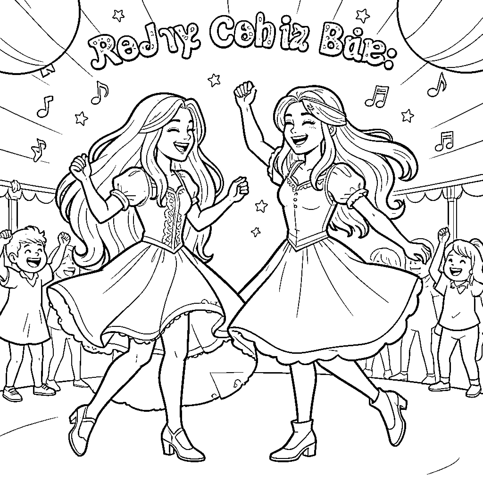 Raiponce and her friend dancing happily at a party Coloring Page (free black-and-white line drawing printable PDF for all, from beginners to advanced learners, including children, teens, adults, and seniors)