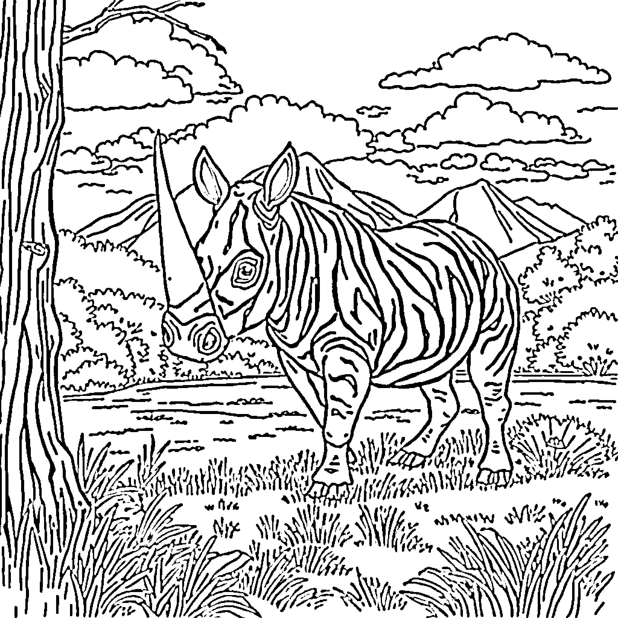 Rhinoceros standing in a natural landscape Coloring Page (free black-and-white line drawing printable PDF for all, from beginners to advanced learners, including children, teens, adults, and seniors)