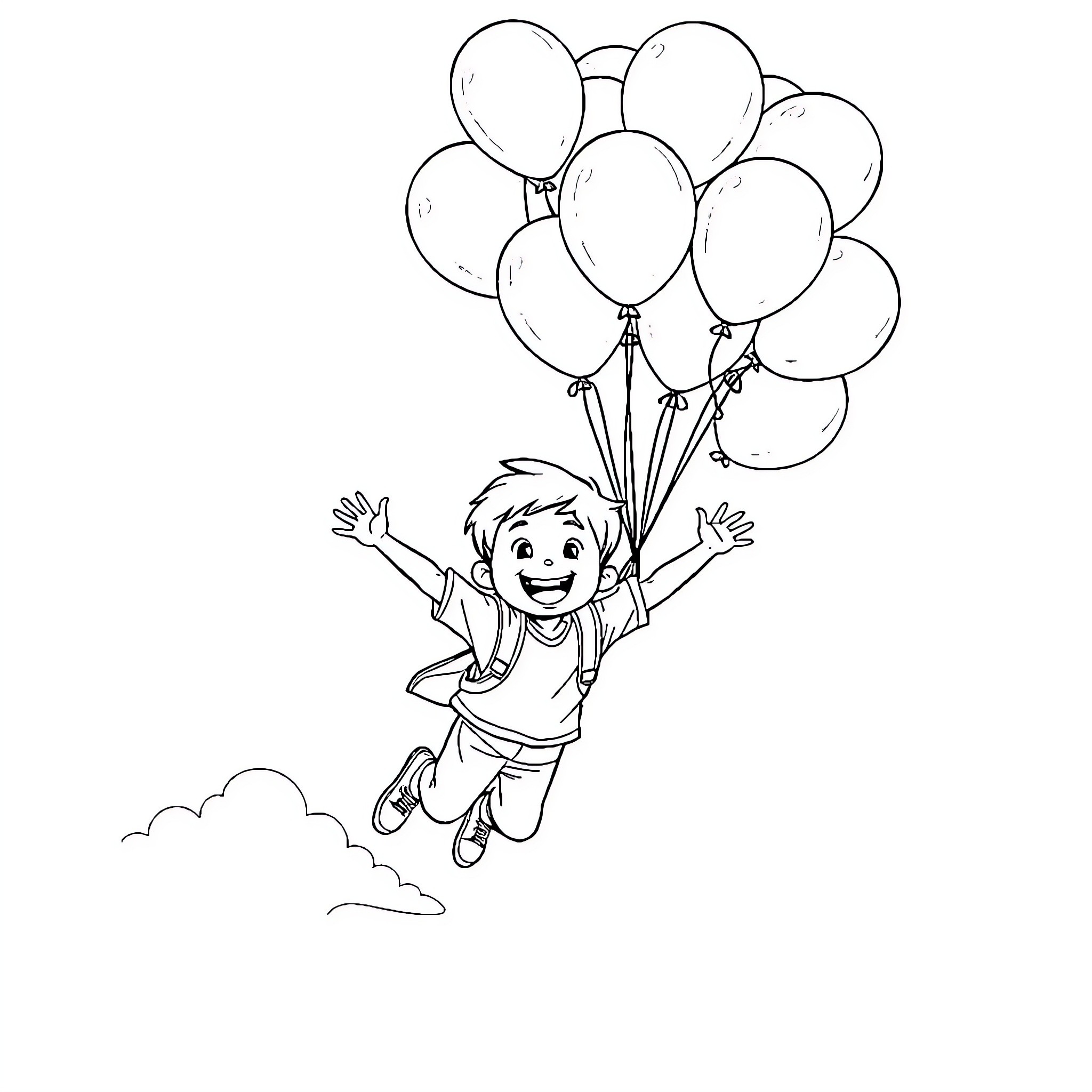 Boy playing joyfully with balloons in the sky Coloring Page (free black-and-white line drawing printable PDF for all, from beginners to advanced learners, including children, teens, adults, and seniors)