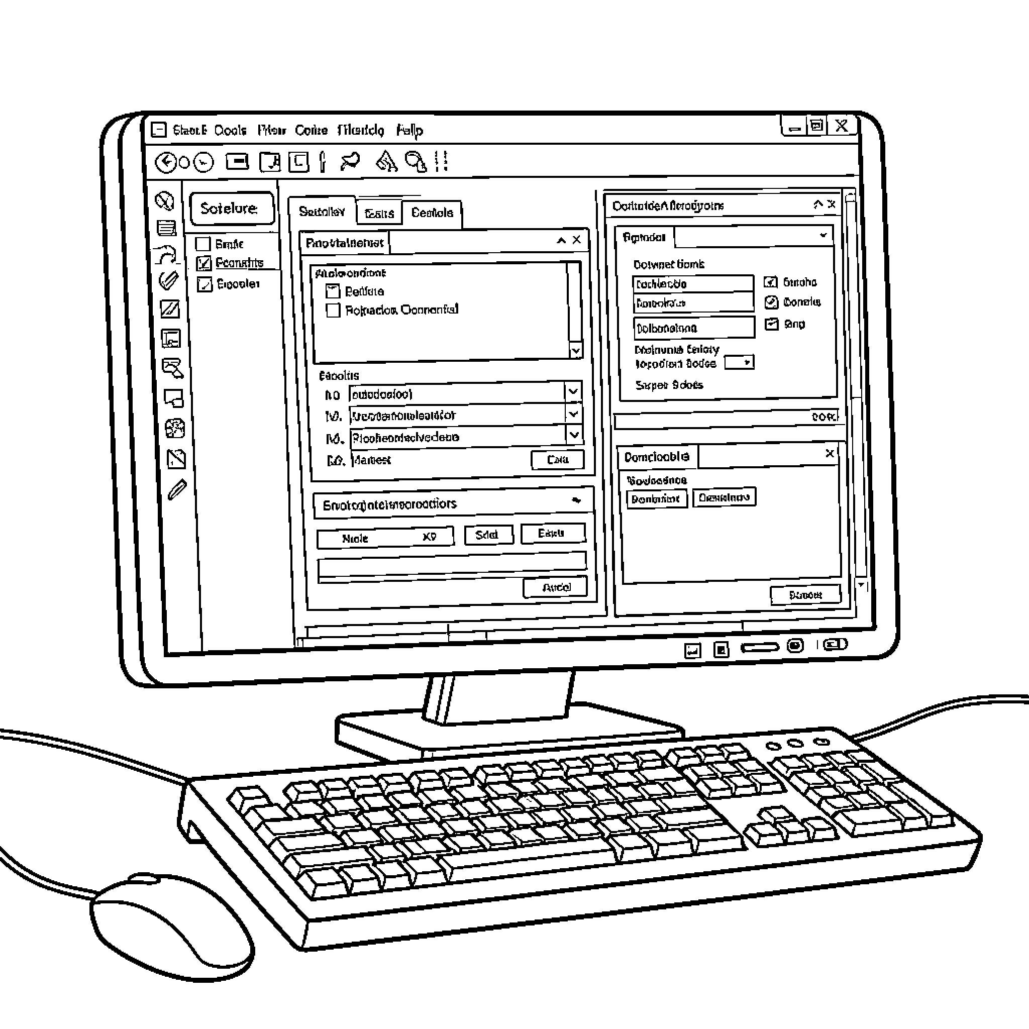 Software interface displayed on a desktop computer monitor Coloring Page (free black-and-white line drawing printable PDF for all, from beginners to advanced learners, including children, teens, adults, and seniors)