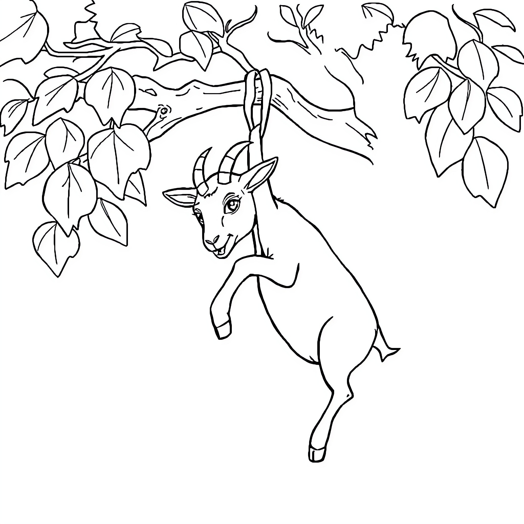 Goat exploring among the leaves Coloring Page (free black-and-white line drawing printable PDF for all, from beginners to advanced learners, including children, teens, adults, and seniors)