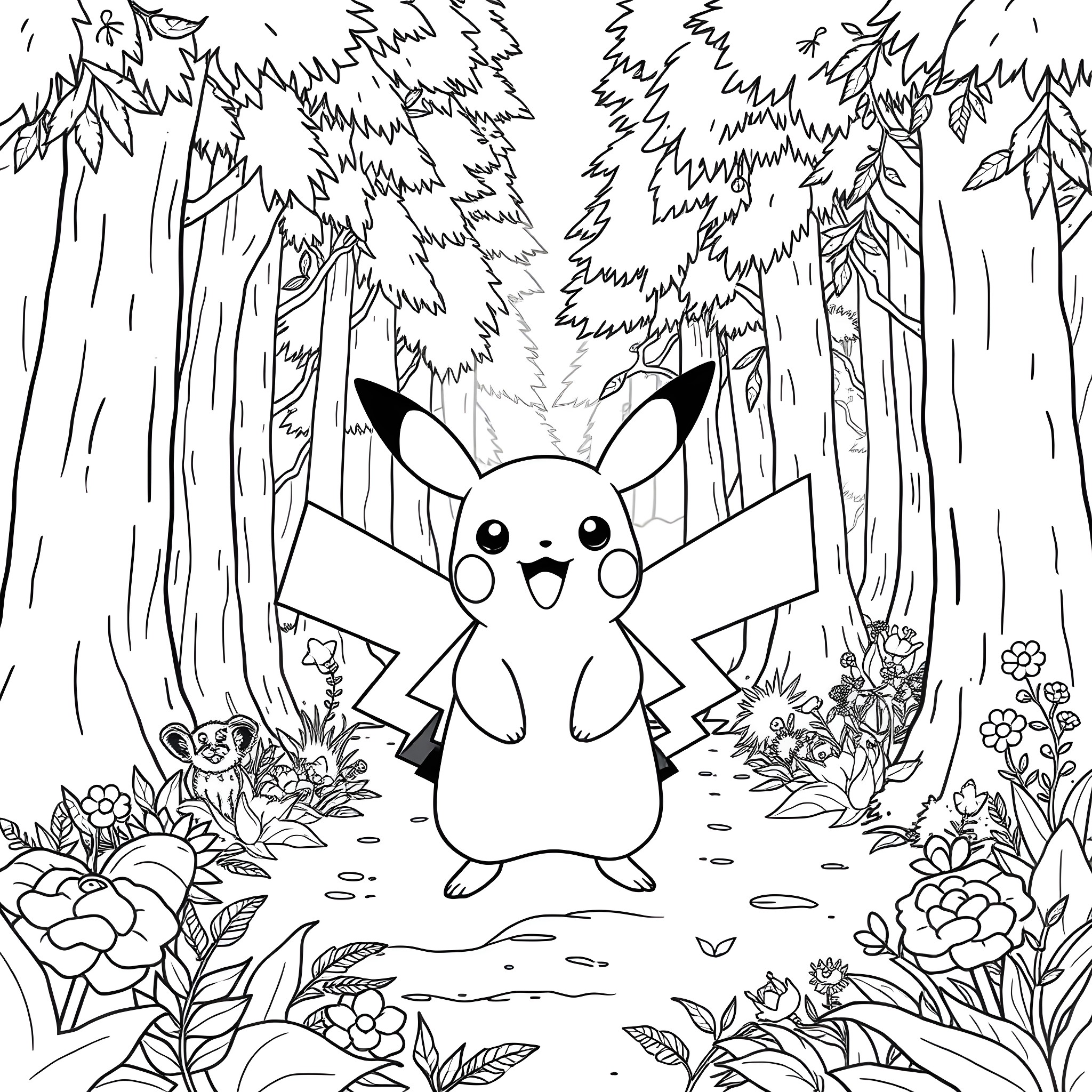 Pikachu exploring the mysterious forest Coloring Page (free black-and-white line drawing printable PDF for all, from beginners to advanced learners, including children, teens, adults, and seniors)