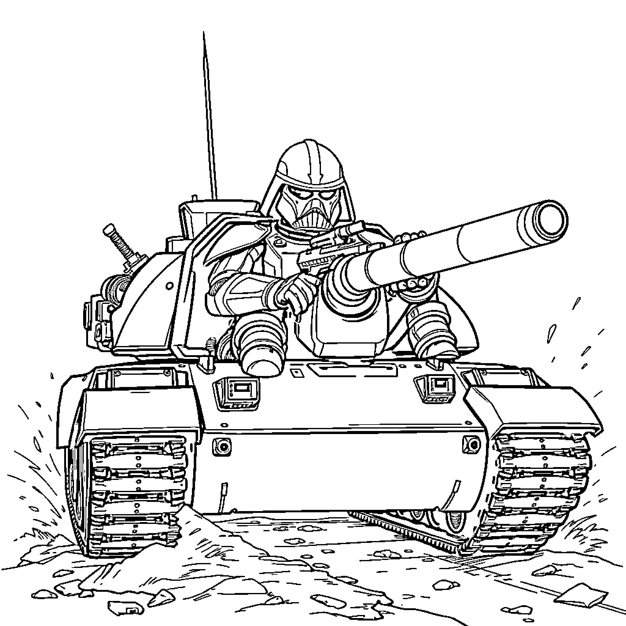 Darth Vader's Armored Tank Prowling the Battlefield Coloring Page (free black-and-white line drawing printable PDF for all, from beginners to advanced learners, including children, teens, adults, and seniors)