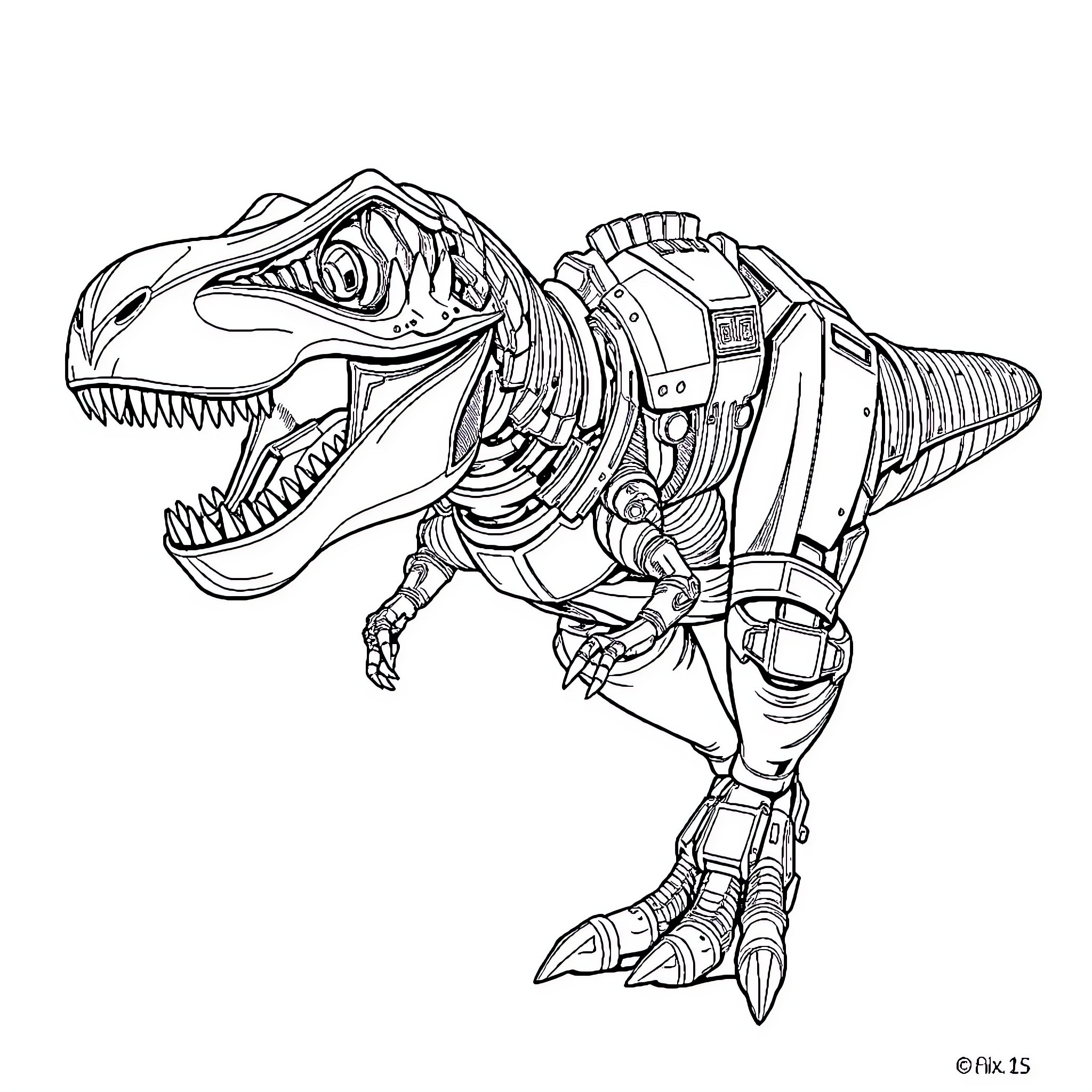 Tyrannosaurus Rex Mechanical Dinosaur in Action Coloring Page (free black-and-white line drawing printable PDF for all, from beginners to advanced learners, including children, teens, adults, and seniors)