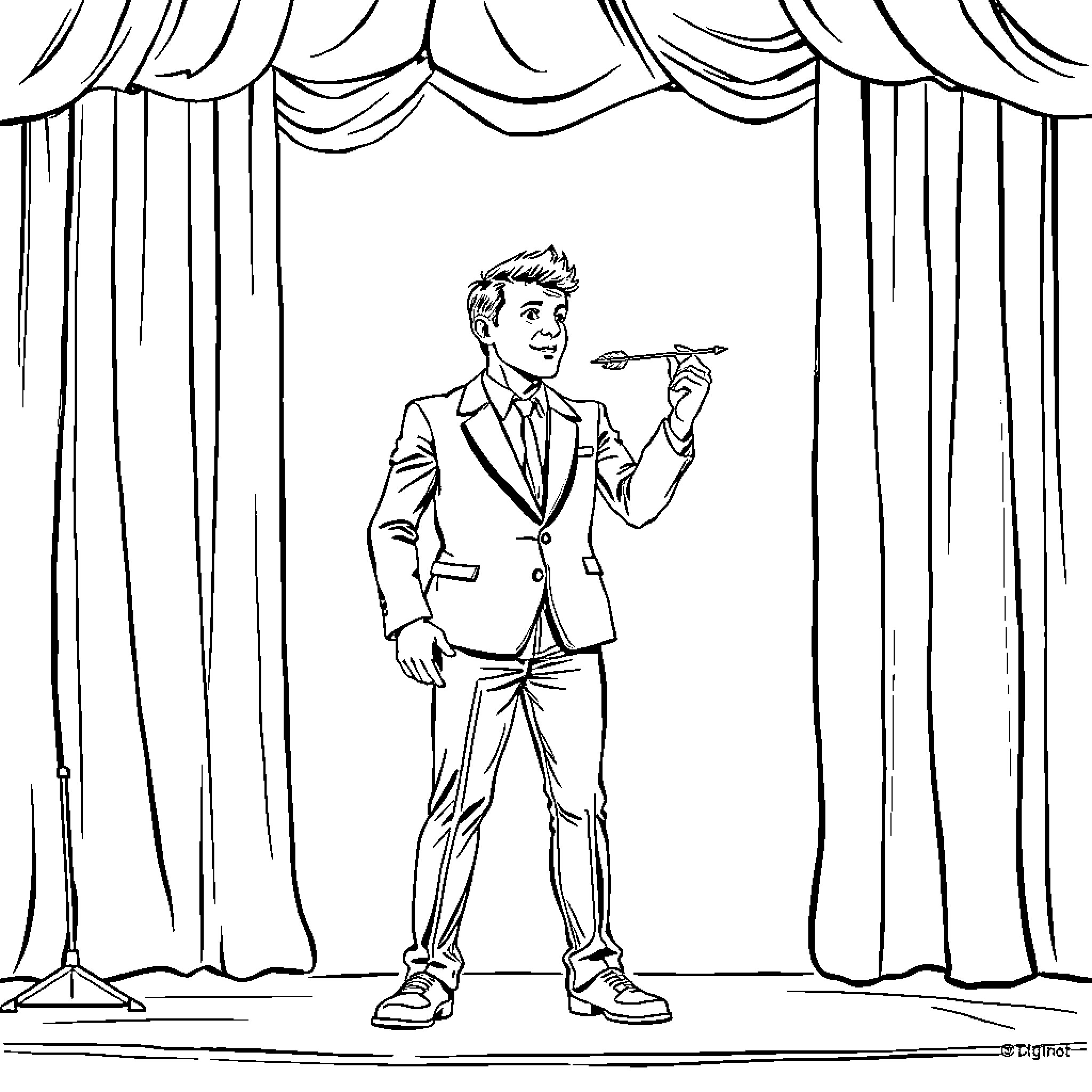 Charlie Kirk in a Theatrical Performance Coloring Page (free black-and-white line drawing printable PDF for all, from beginners to advanced learners, including children, teens, adults, and seniors)
