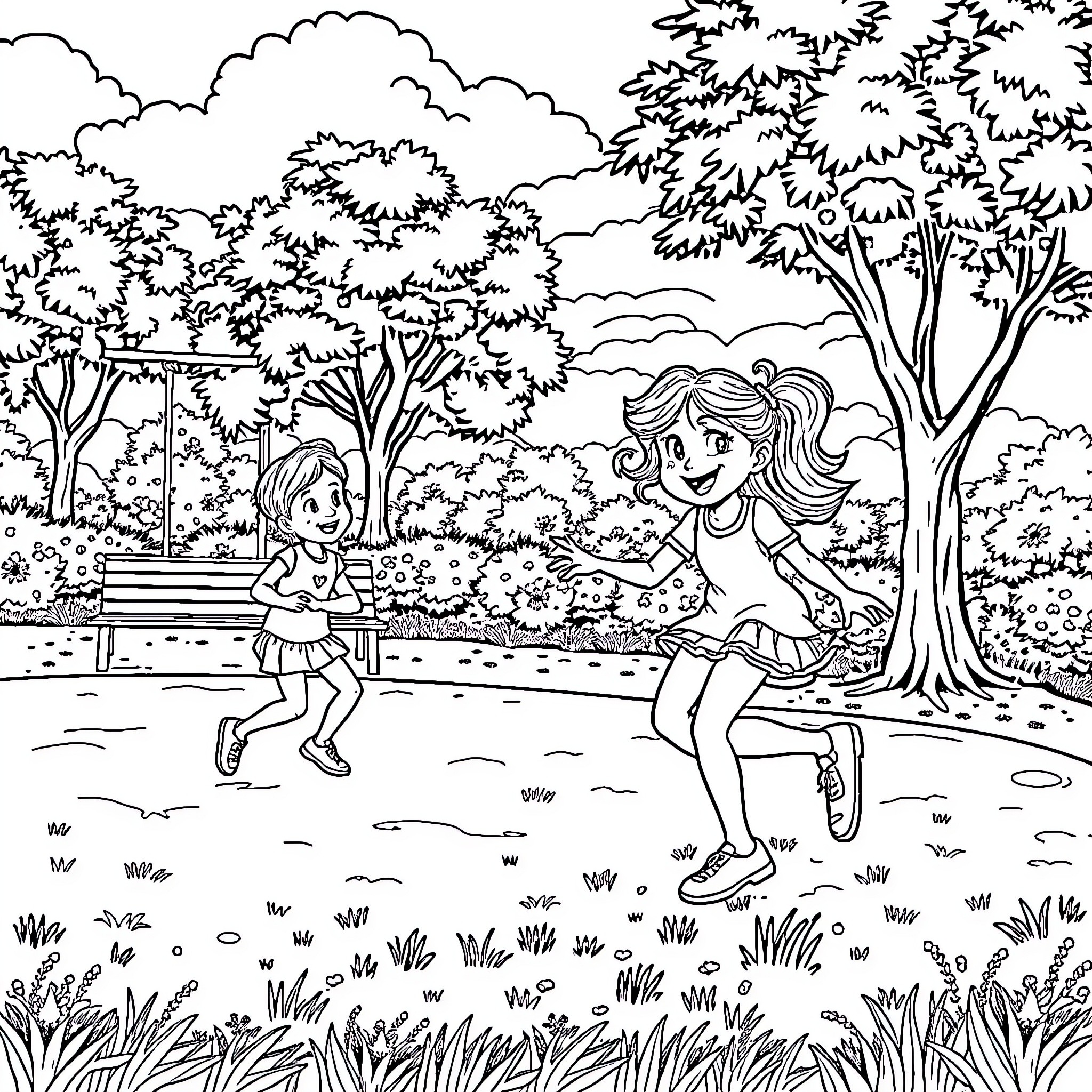 Alessia's Playful Afternoon in the Park Coloring Page (free black-and-white line drawing printable PDF for all, from beginners to advanced learners, including children, teens, adults, and seniors)
