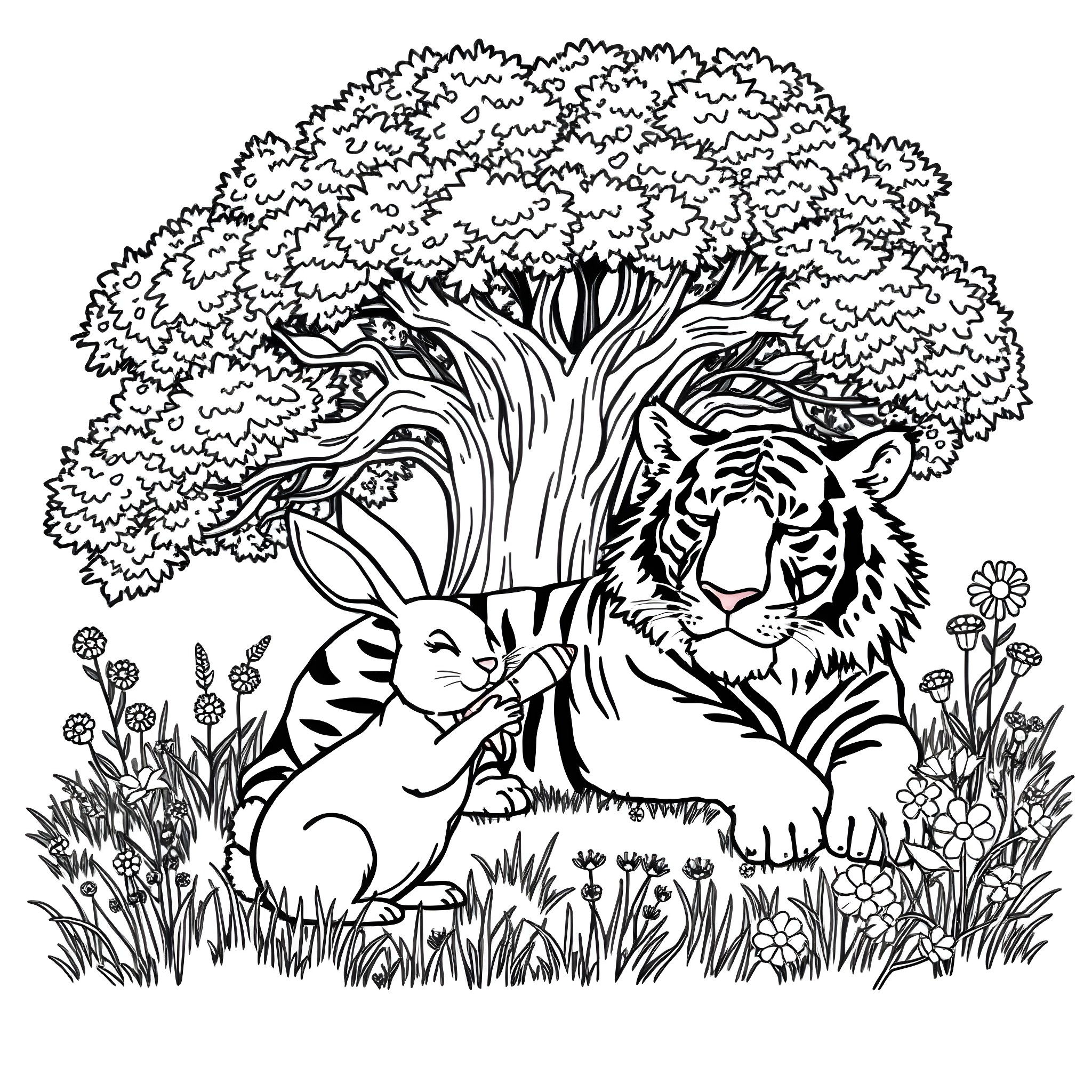 Rabbit and Tiger Playing in the Woodland Coloring Page (free black-and-white line drawing printable PDF for all, from beginners to advanced learners, including children, teens, adults, and seniors)