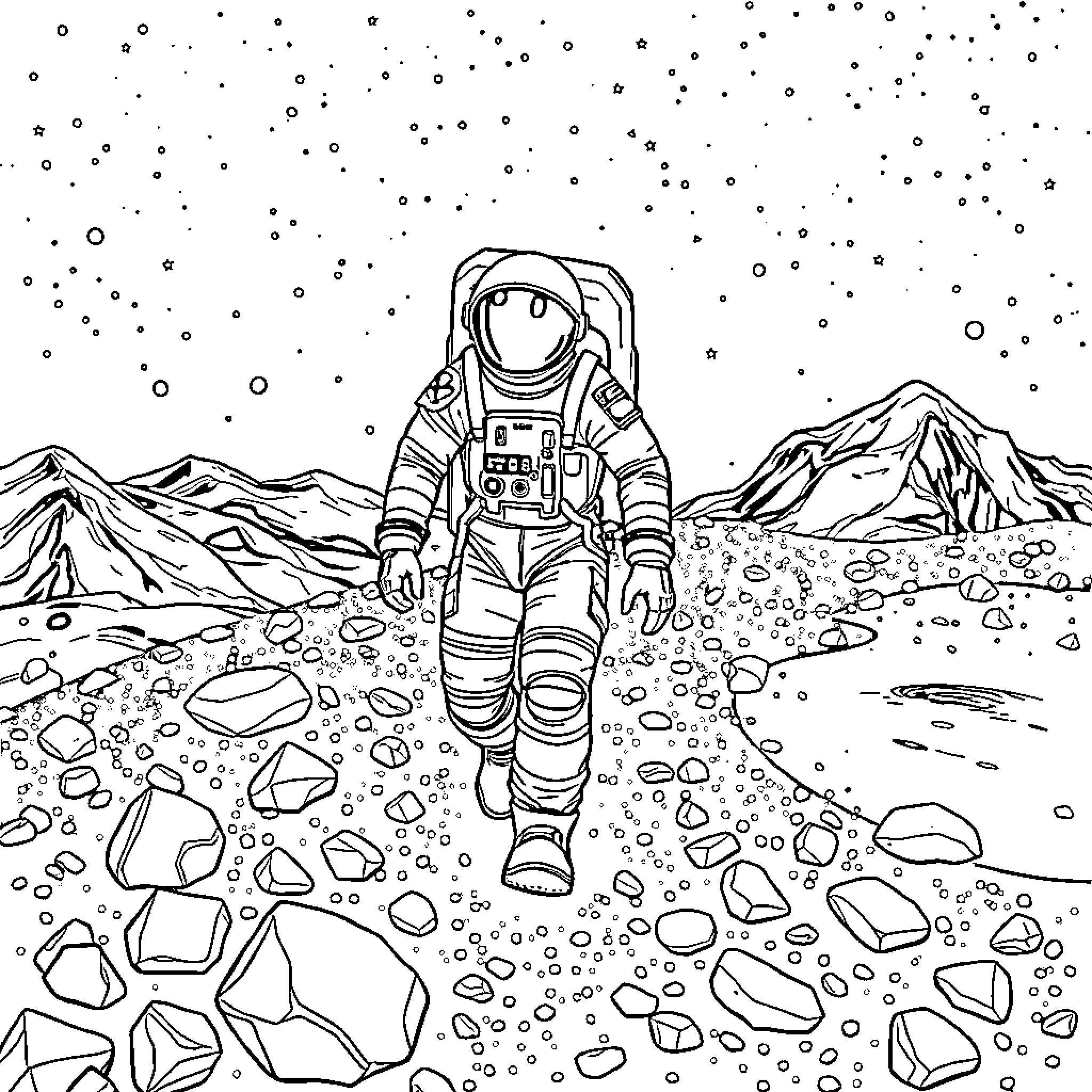 Astronaut exploring alien landscape under starry sky Coloring Page (free black-and-white line drawing printable PDF for all, from beginners to advanced learners, including children, teens, adults, and seniors)
