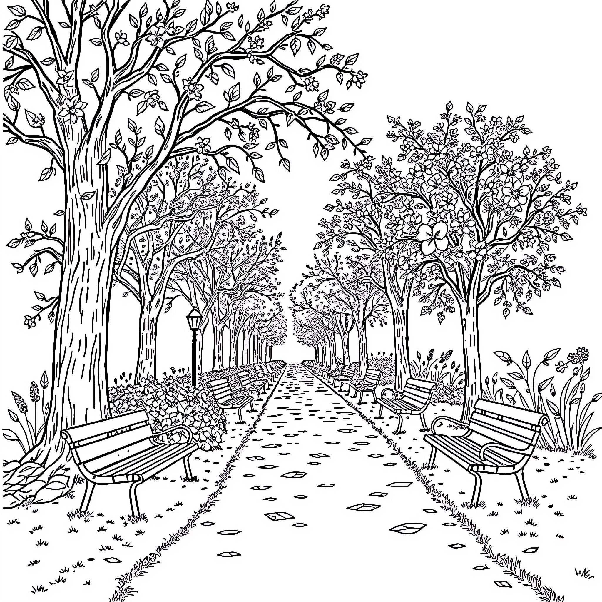 Spring Walk in Blooming Park Coloring Page (free black-and-white line drawing printable PDF for all, from beginners to advanced learners, including children, teens, adults, and seniors)