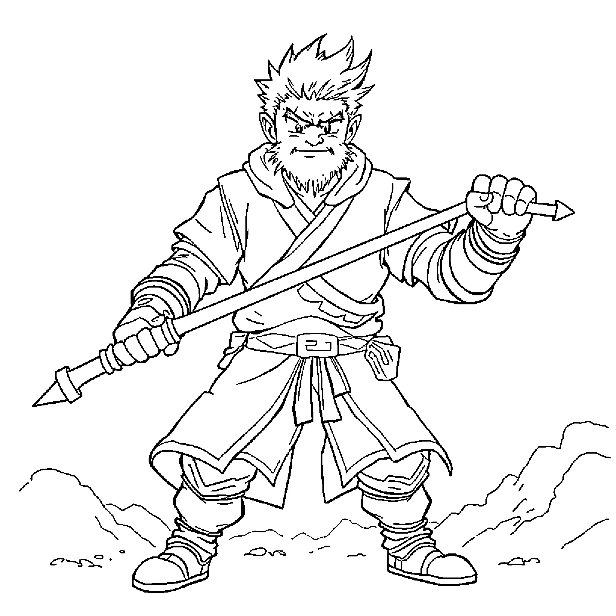 Jason Asano in a fierce battle pose Coloring Page (free black-and-white line drawing printable PDF for all, from beginners to advanced learners, including children, teens, adults, and seniors)