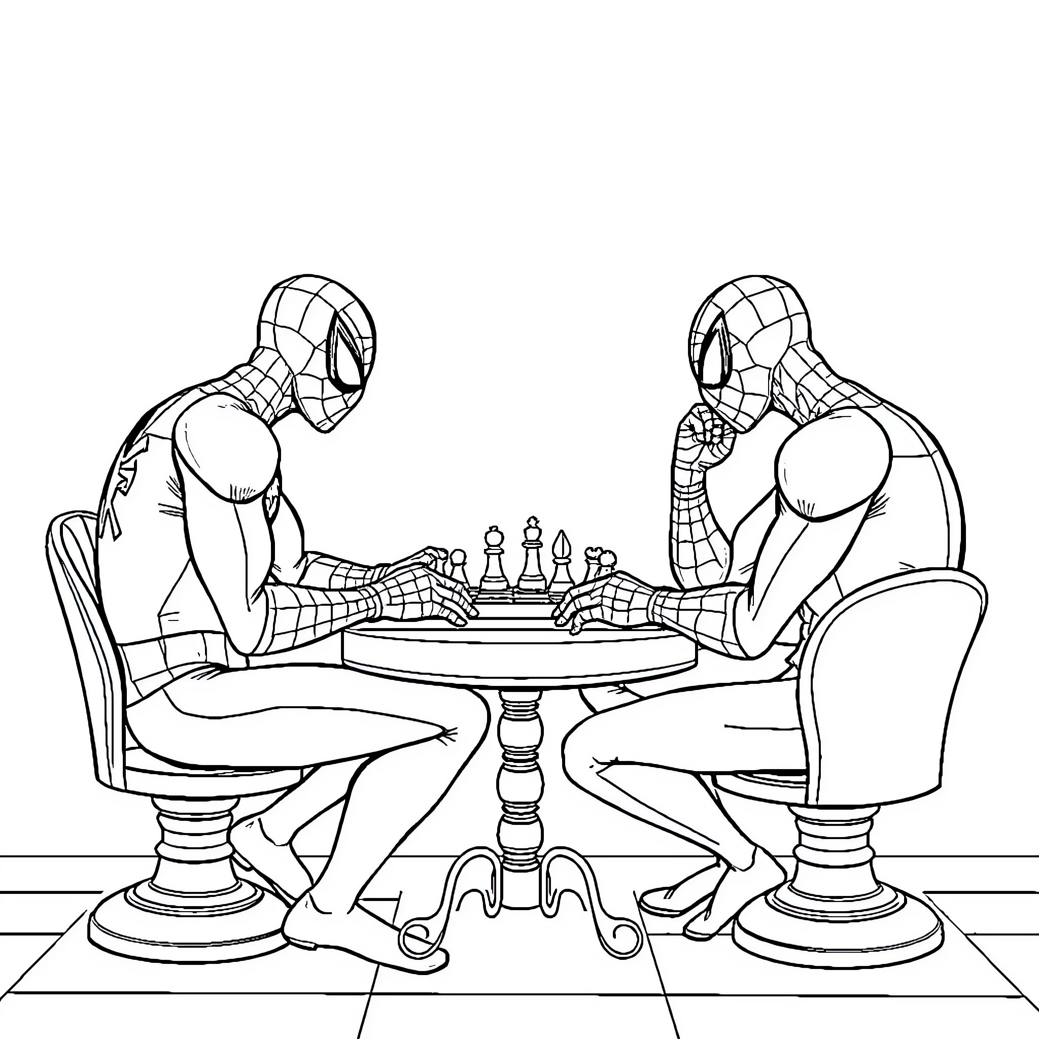Spider-Man playing chess with his own reflection Coloring Page (free black-and-white line drawing printable PDF for all, from beginners to advanced learners, including children, teens, adults, and seniors)