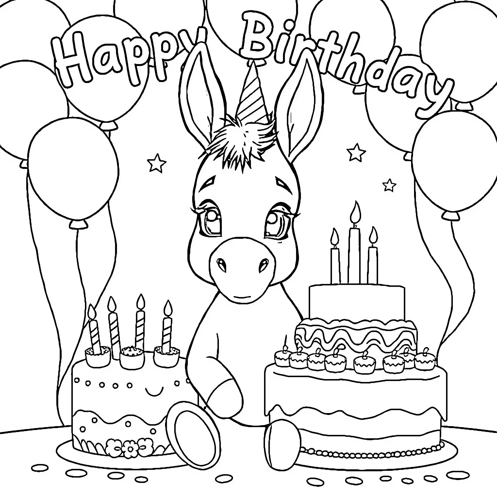 Donkey celebrating birthday with cake and balloons Coloring Page (free black-and-white line drawing printable PDF for all, from beginners to advanced learners, including children, teens, adults, and seniors)