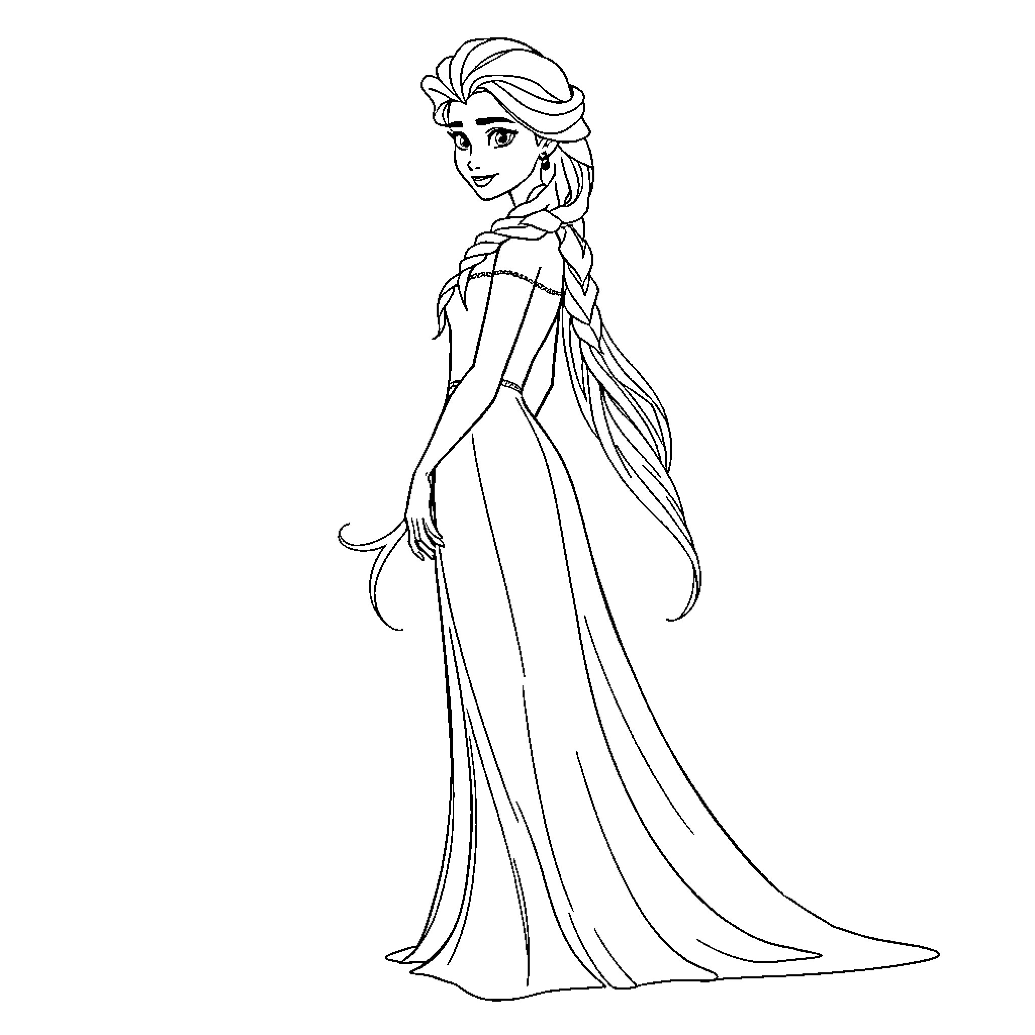 Elsa in her elegant ice-inspired dress Coloring Page (free black-and-white line drawing printable PDF for all, from beginners to advanced learners, including children, teens, adults, and seniors)