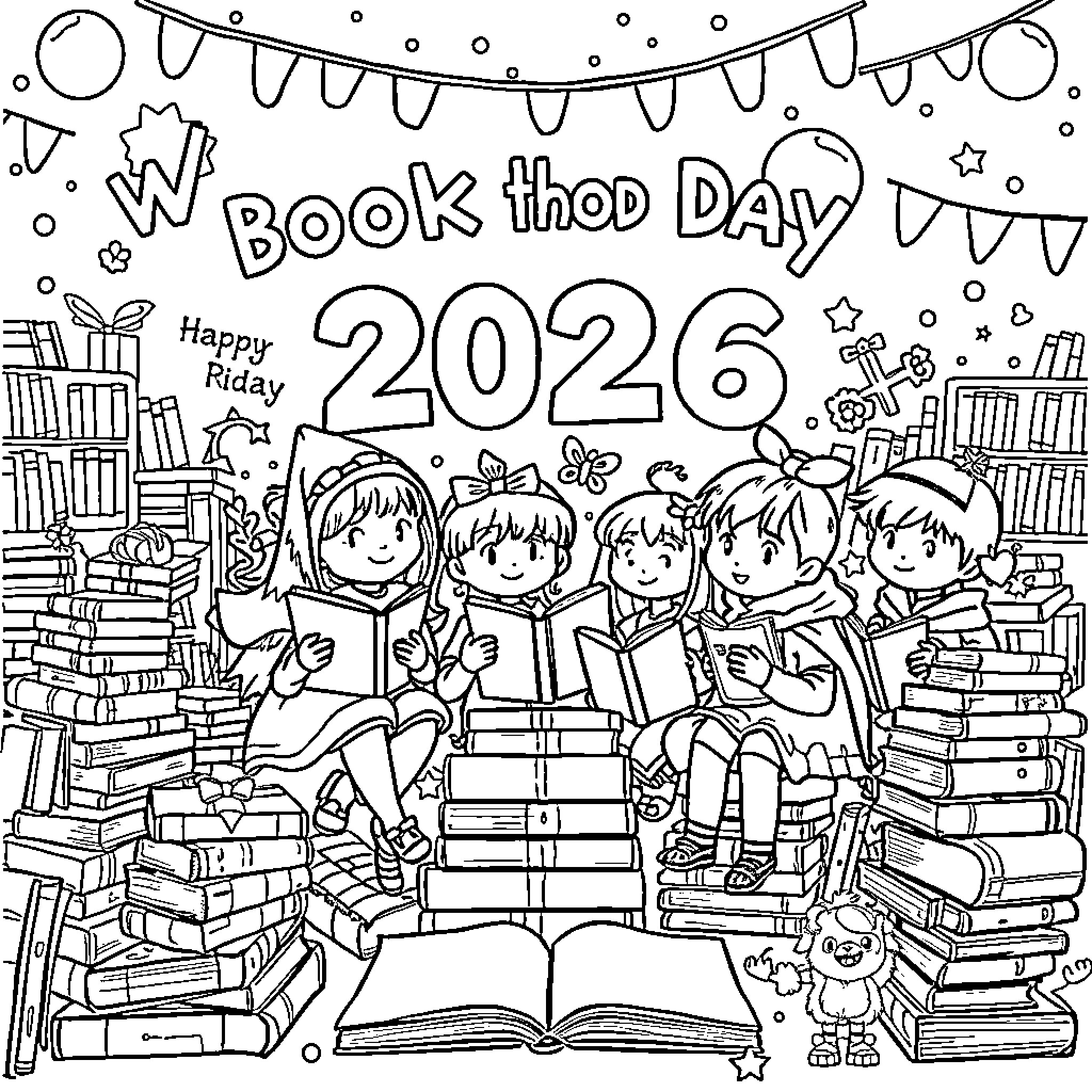 Book lovers celebrating World Book Day 2026 Coloring Page (free black-and-white line drawing printable PDF for all, from beginners to advanced learners, including children, teens, adults, and seniors)